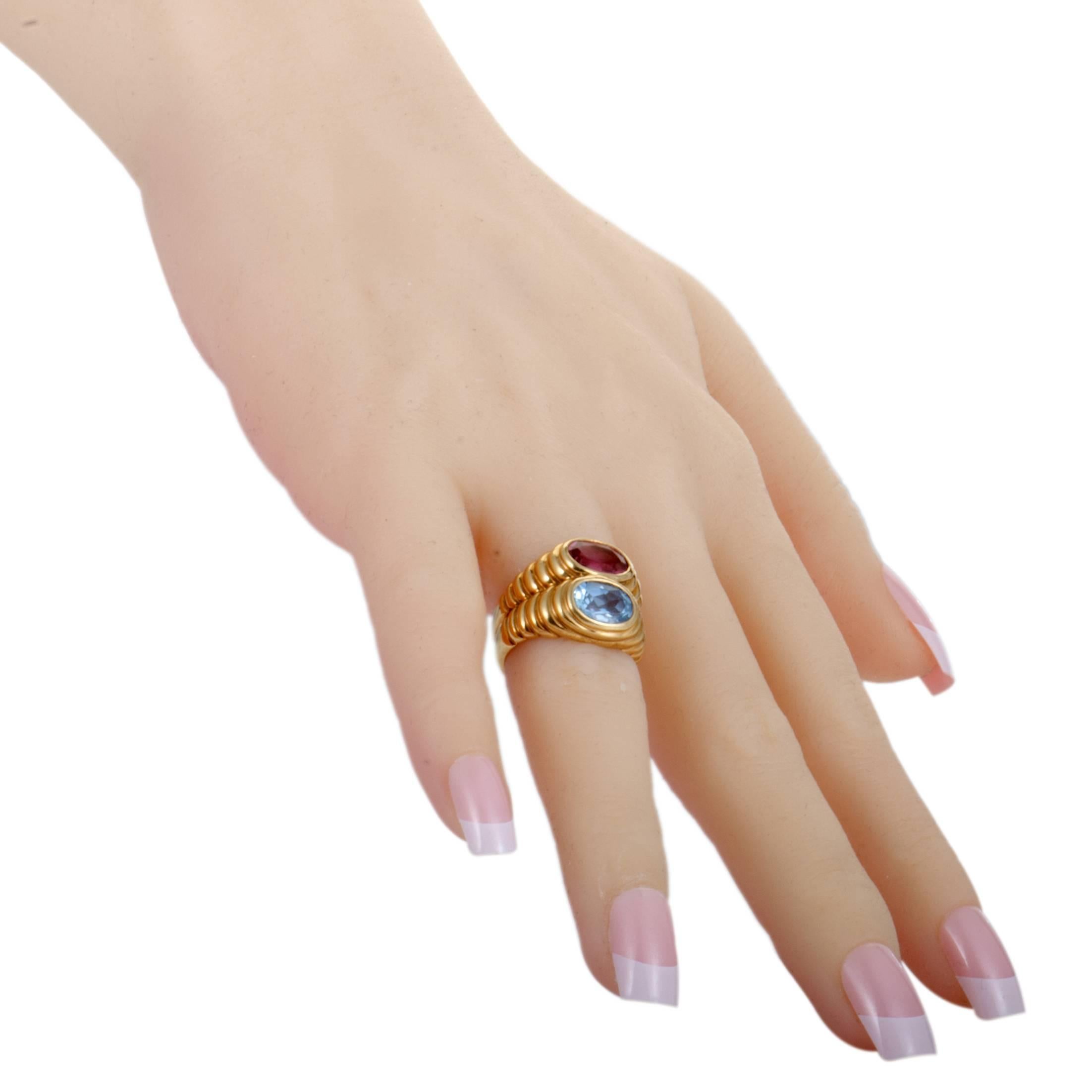 Bvlgari Doppio Tourmaline Topaz Gold Double Band Ring In Excellent Condition In Southampton, PA