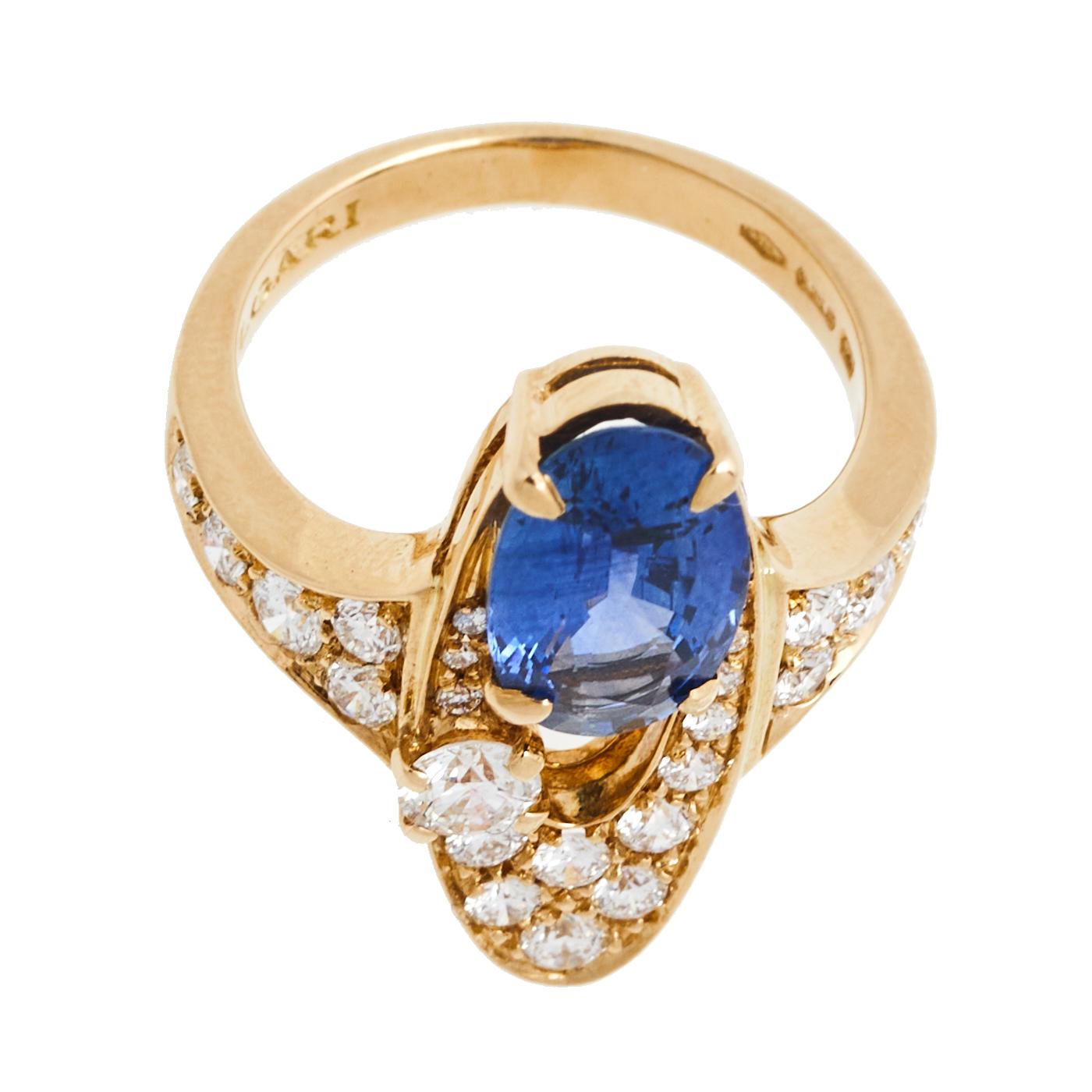Contemporary Bvlgari Elisia Sapphire and Diamond 18K Yellow Gold Ring Size 51