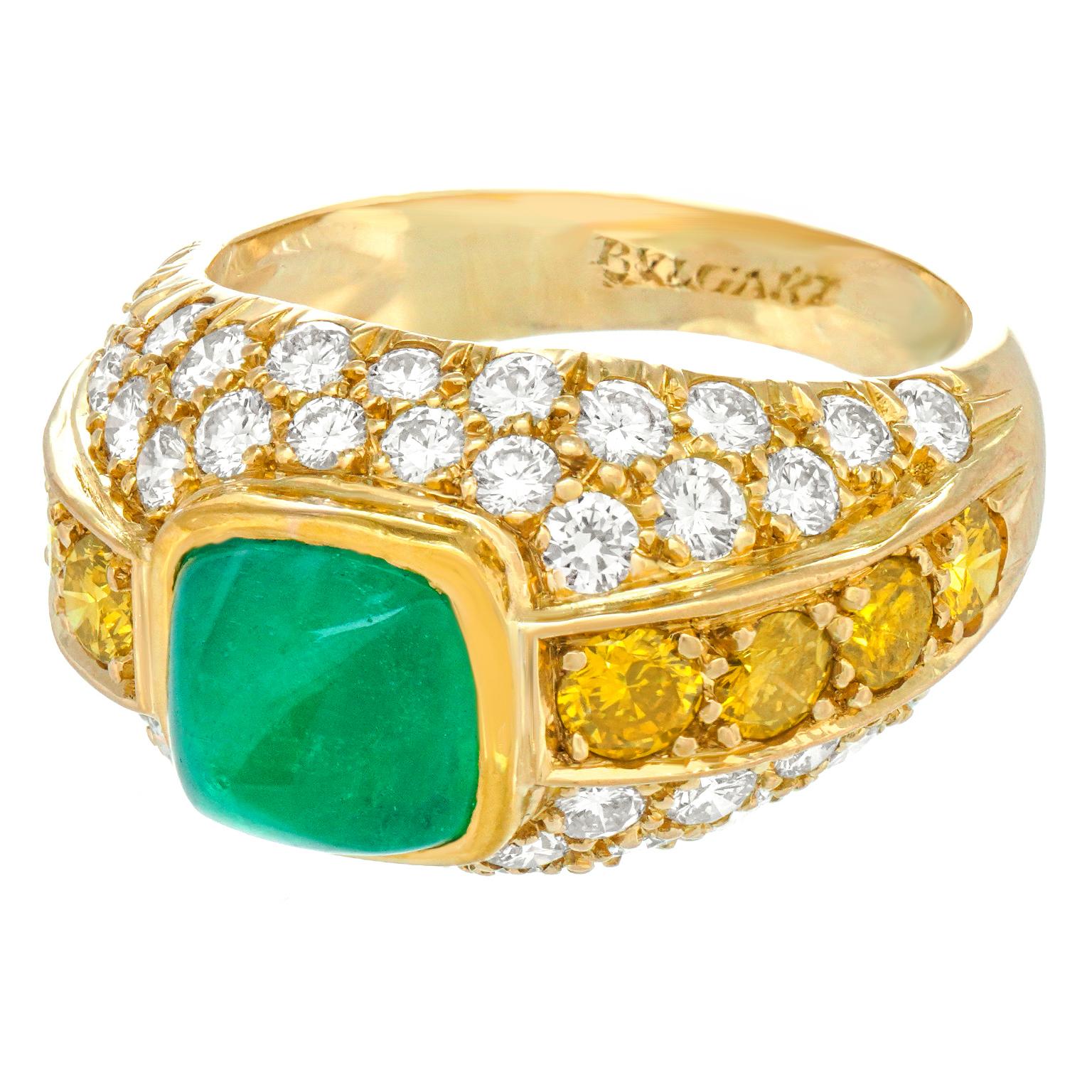 Cabochon BVLGARI Emerald & Diamond Ring For Sale