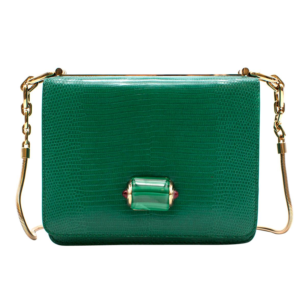 Bvlgari Emerald Green Lizard Box Bag W/ Jade & Cabochon Clasp