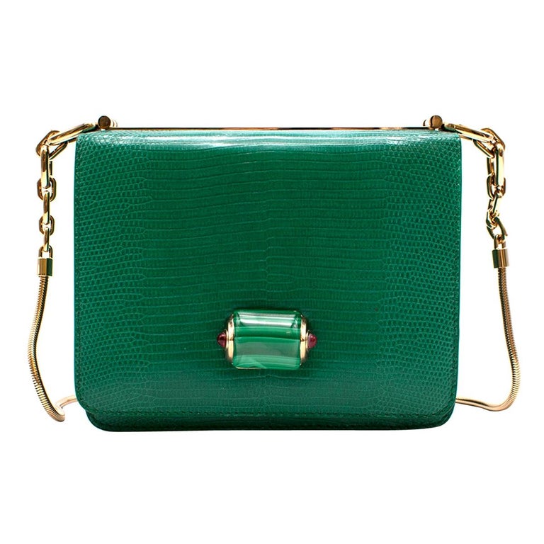 Bvlgari Emerald Green Lizard Box Bag W/ Jade and Cabochon Clasp at 1stDibs