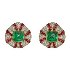 Bvlgari Emerald, Ruby and Diamond Domed Earclips