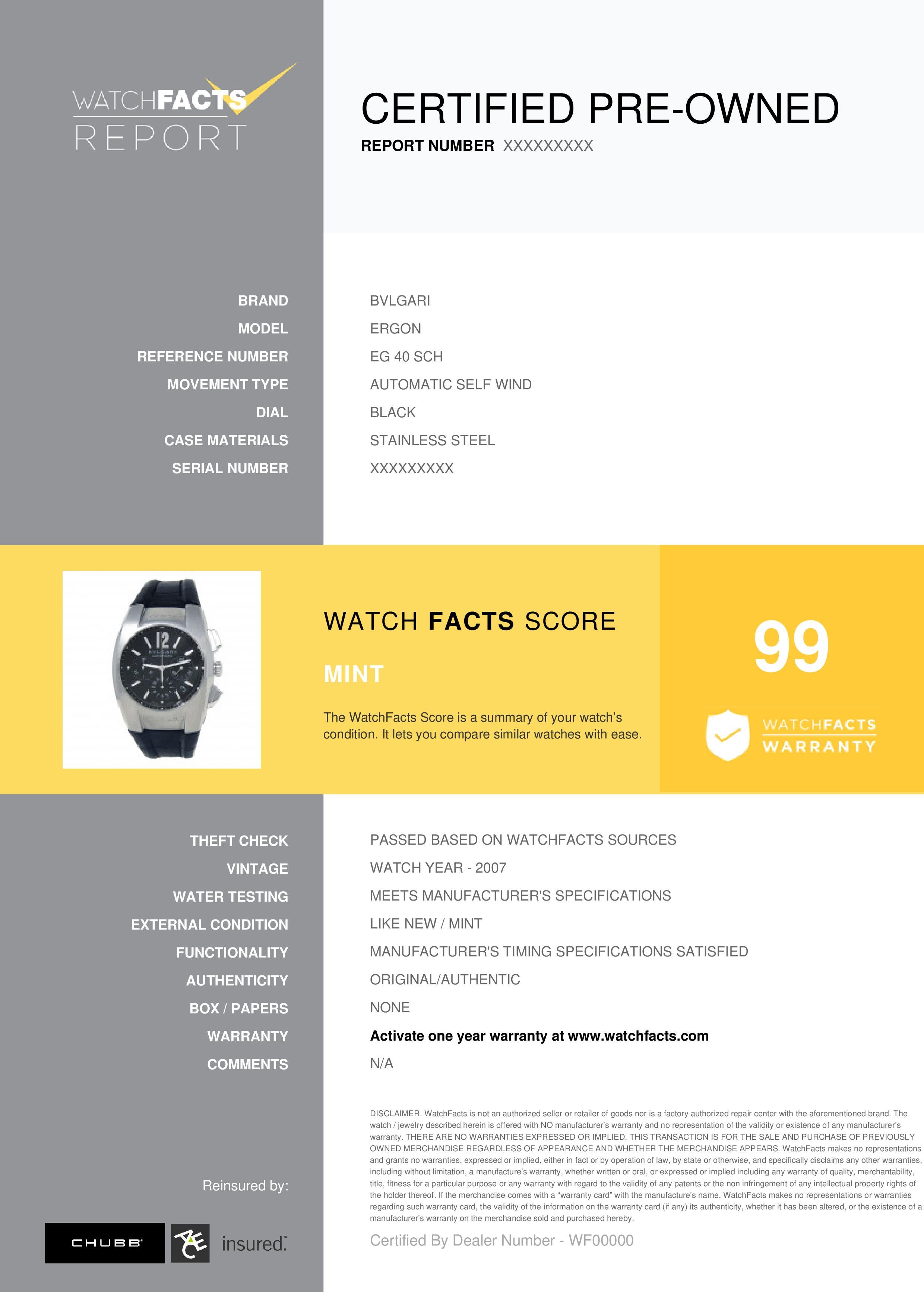 Bvlgari Ergon Reference #: EG 40 SCH. Mens Automatic Self Wind Watch Stainless Steel Black 40 MM. Verified and Certified by WatchFacts. 1 year warranty offered by WatchFacts.
