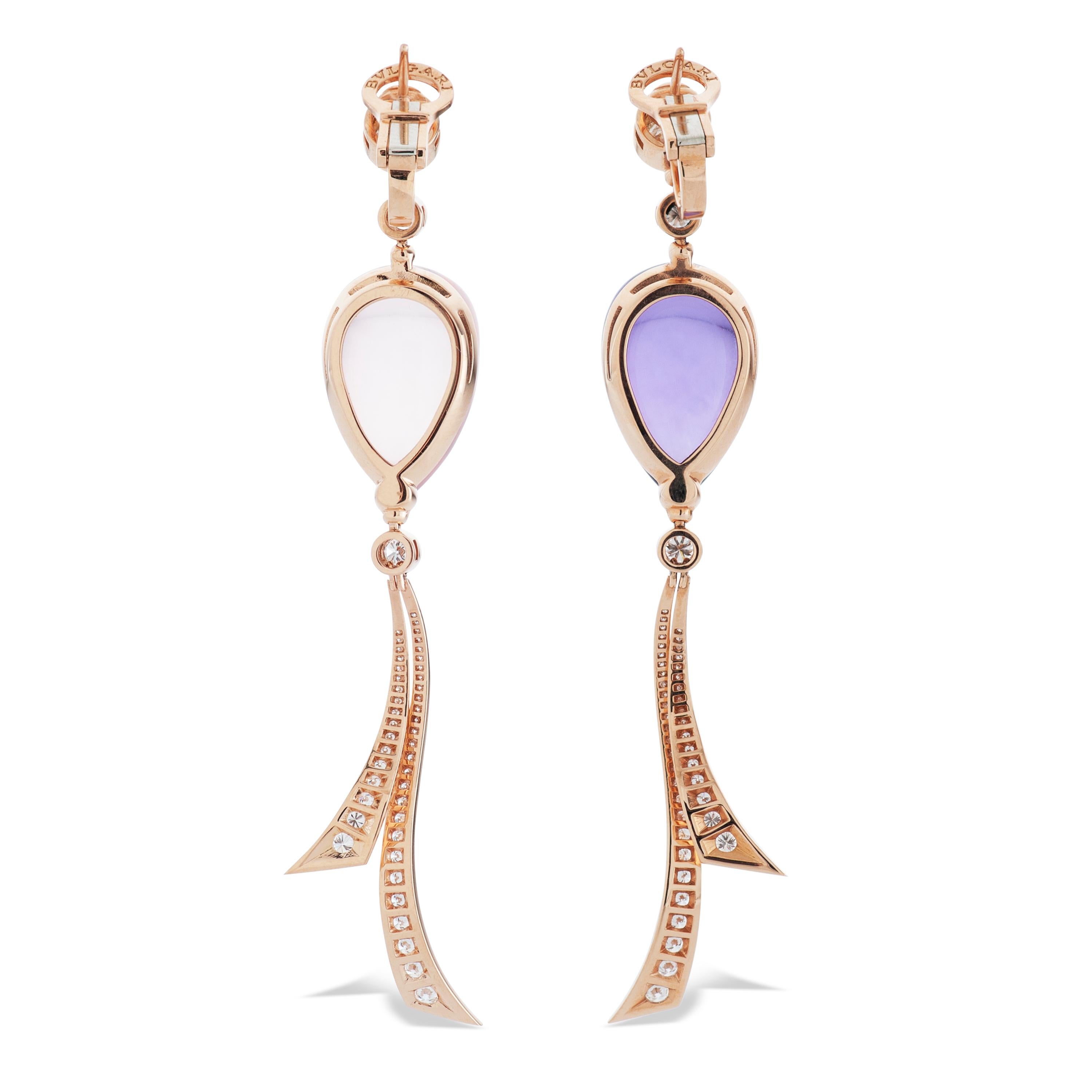 Cabochon Bvlgari Festa Amethyst, Rose Quartz and Diamond Dangle Earrings in 18k Rose Gold For Sale