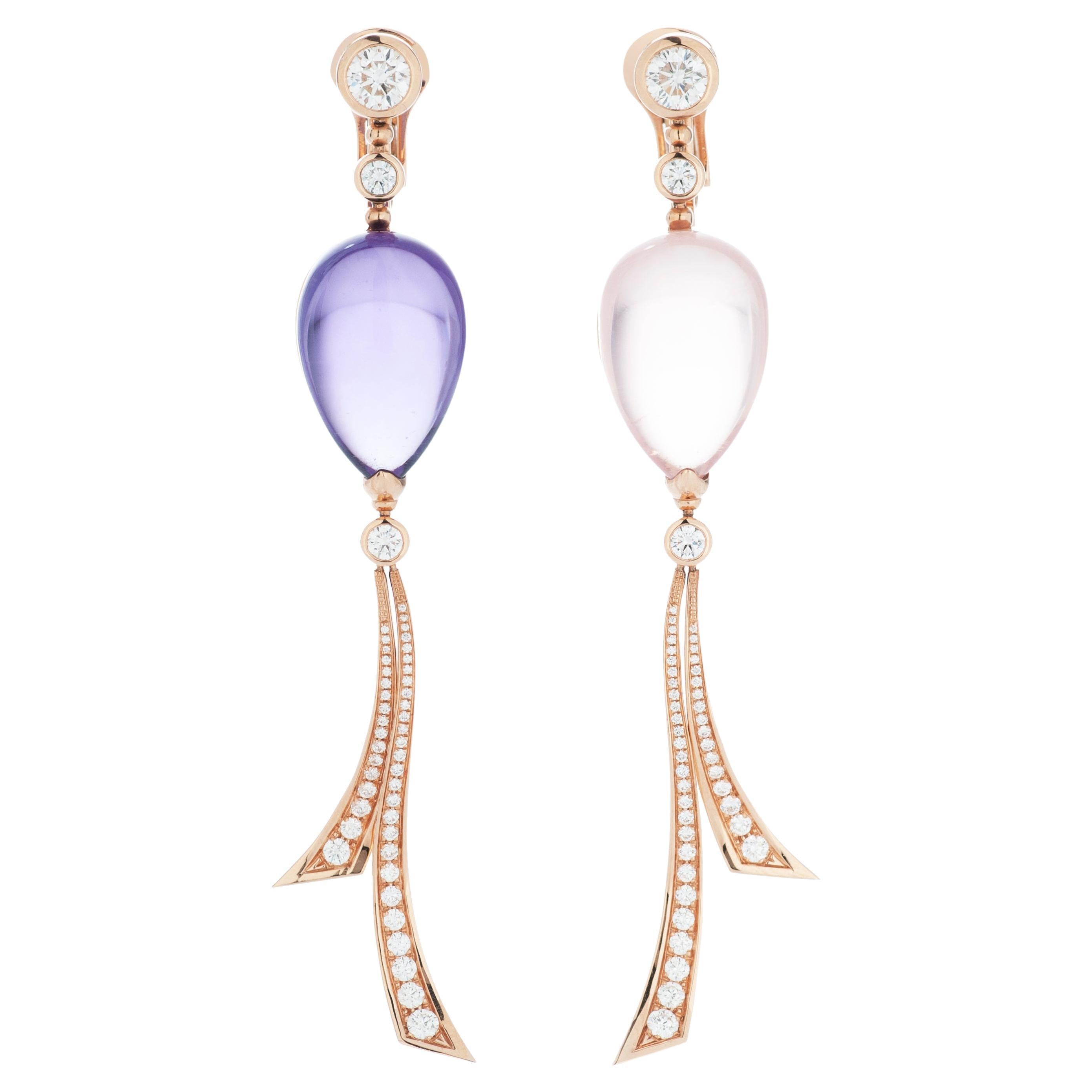 Bvlgari Festa Amethyst, Rose Quartz and Diamond Dangle Earrings in 18k Rose Gold For Sale
