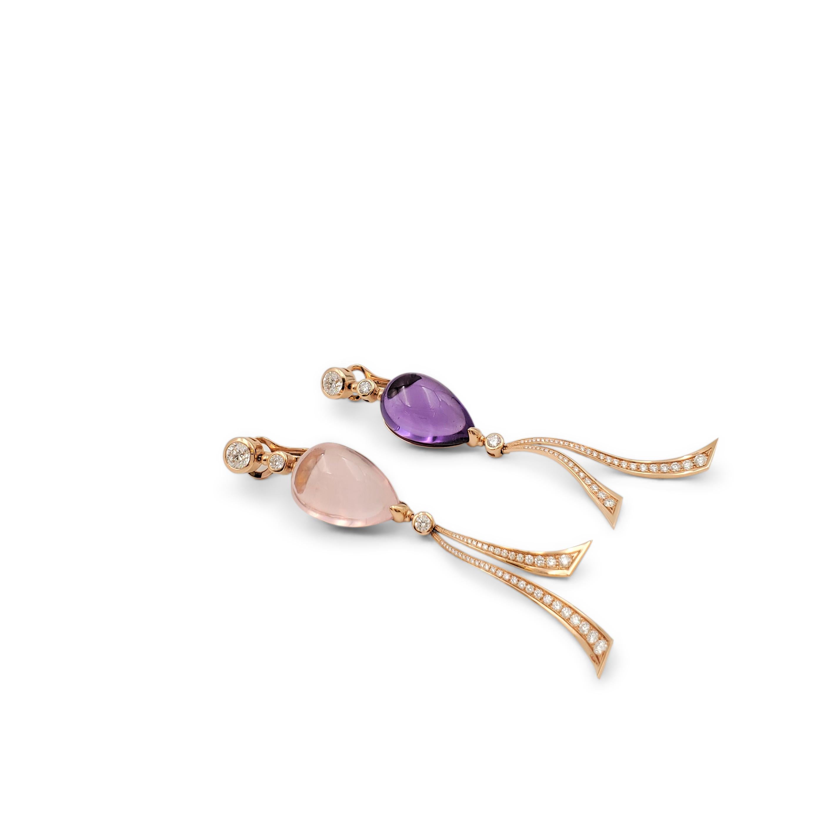 Authentic Bvlgari 'Festa' dangle earrings crafted in 18 karat rose gold. Each earring is set with either a rose quartz or an amethyst pear cabochon for a playful contrasting look. The earrings are highlighted by bezel-set round brilliant cut