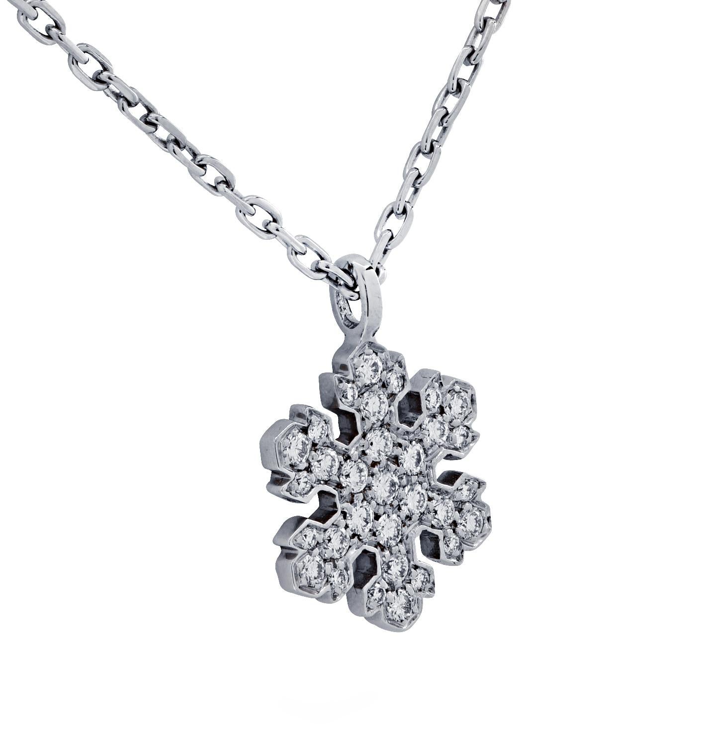 From the House of Bvlgari, this Fiocco di Neve snowflake diamond necklace is crafted in 18 karat white gold, and features 31 round brilliant cut diamonds weighing approximately .69 carats total F color VS clarity. The pendant measures 14.6 mm in