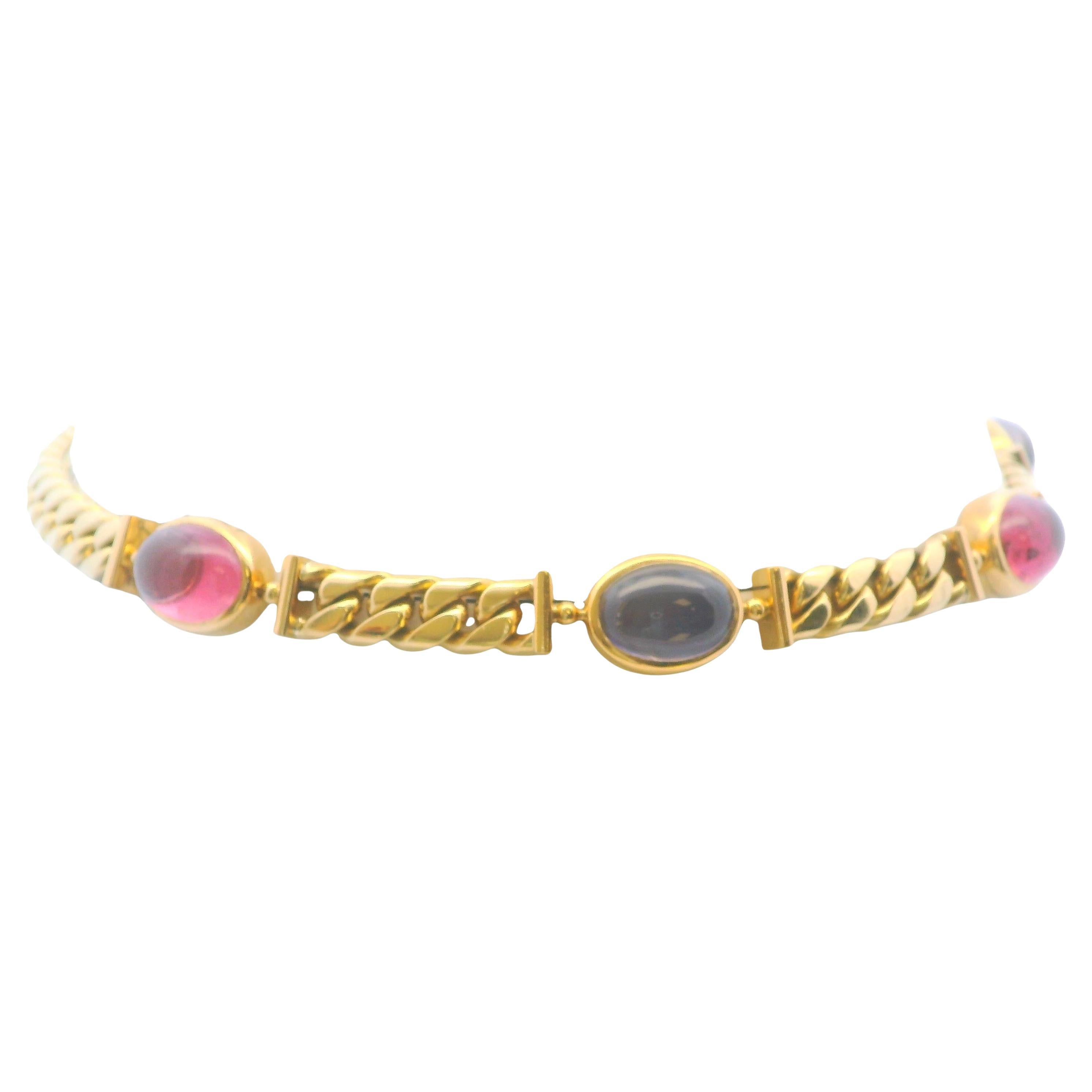Bvlgari Five Station Mixed Cabochon Gemstone Necklace in 18K Yellow Gold For Sale