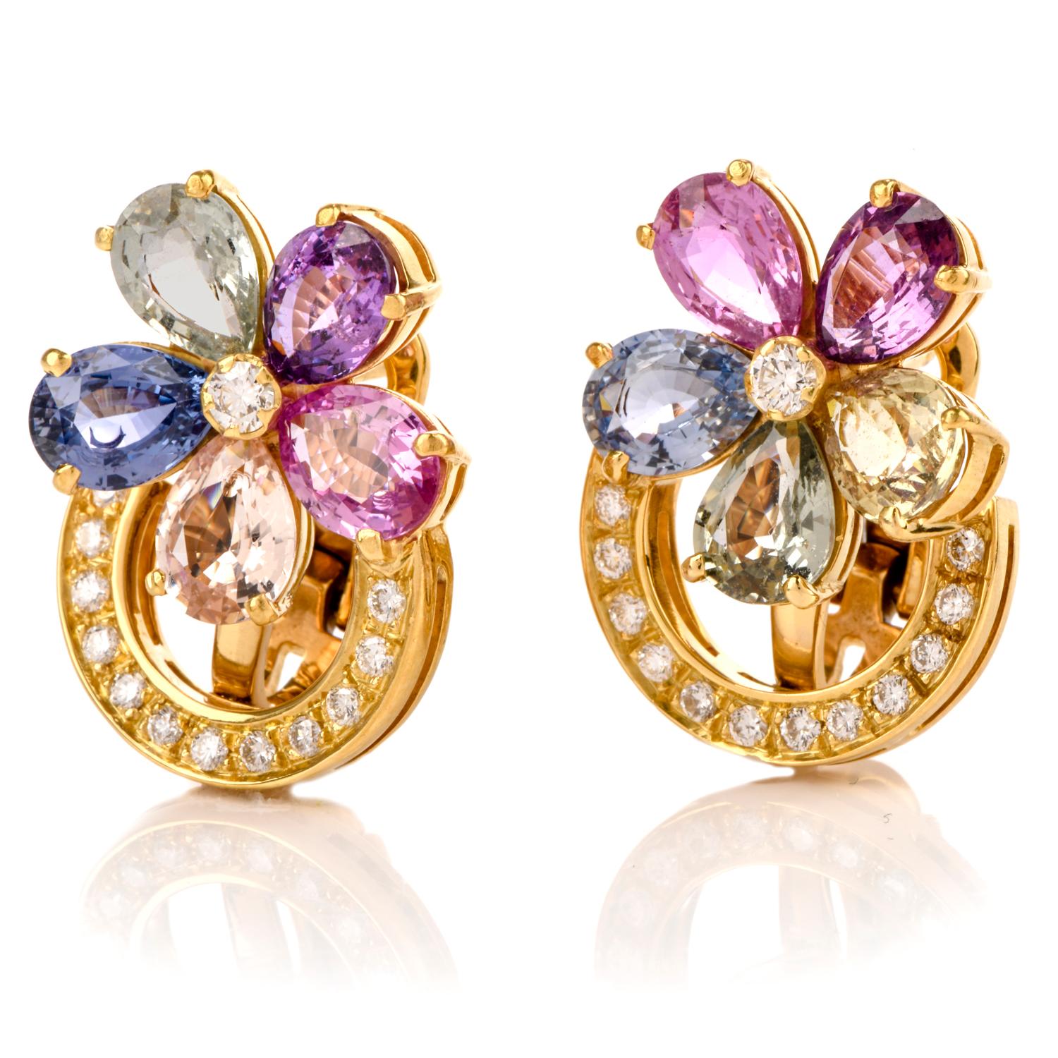 These chic designer Bvlgari multi-color Natural sapphire and diamond earrings are crafted in solid 18-karat yellow gold, weighing 18 grams and measuring 25mm high x 18mm wide. Composed of 10 natural, no heat , pear-shaped genuine sapphires ( No