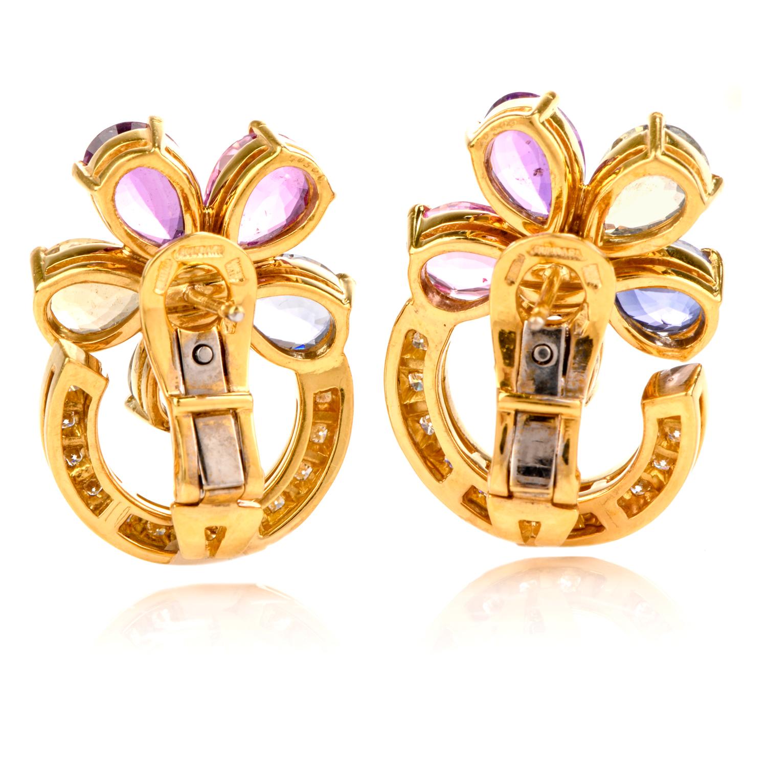 Women's or Men's Bvlgari Flower Natural Sapphire Diamond 18 Karat Yellow Gold Earrings