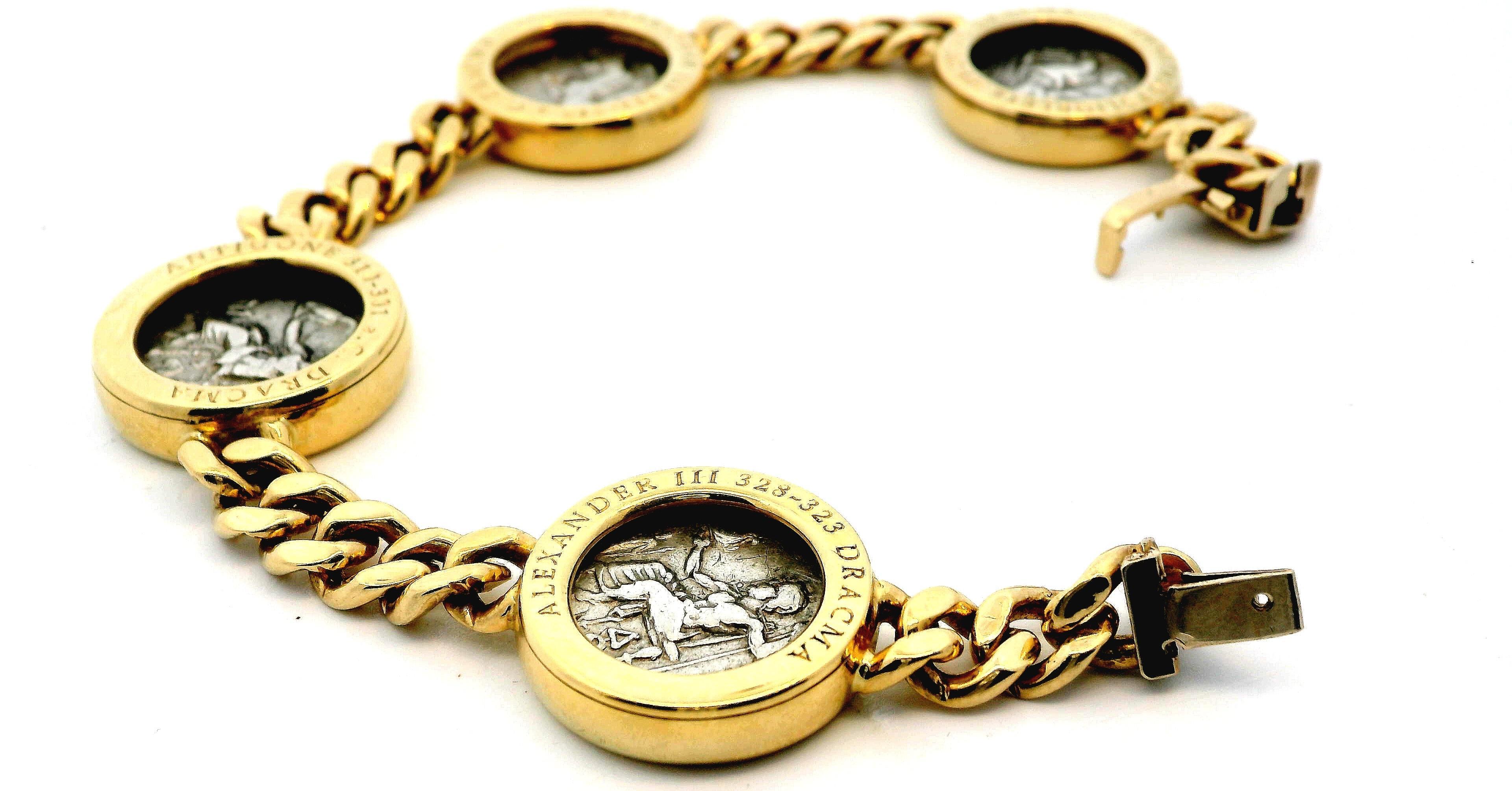 The Bvlgari 18k Gold and Silver Bracelet is an exquisite piece of jewelry that exemplifies Italian artistry. It features intricate motifs of ancient coins such as Demetrius Poliorcetes, Alexander III, and Antigone. Each coin is elegantly set within