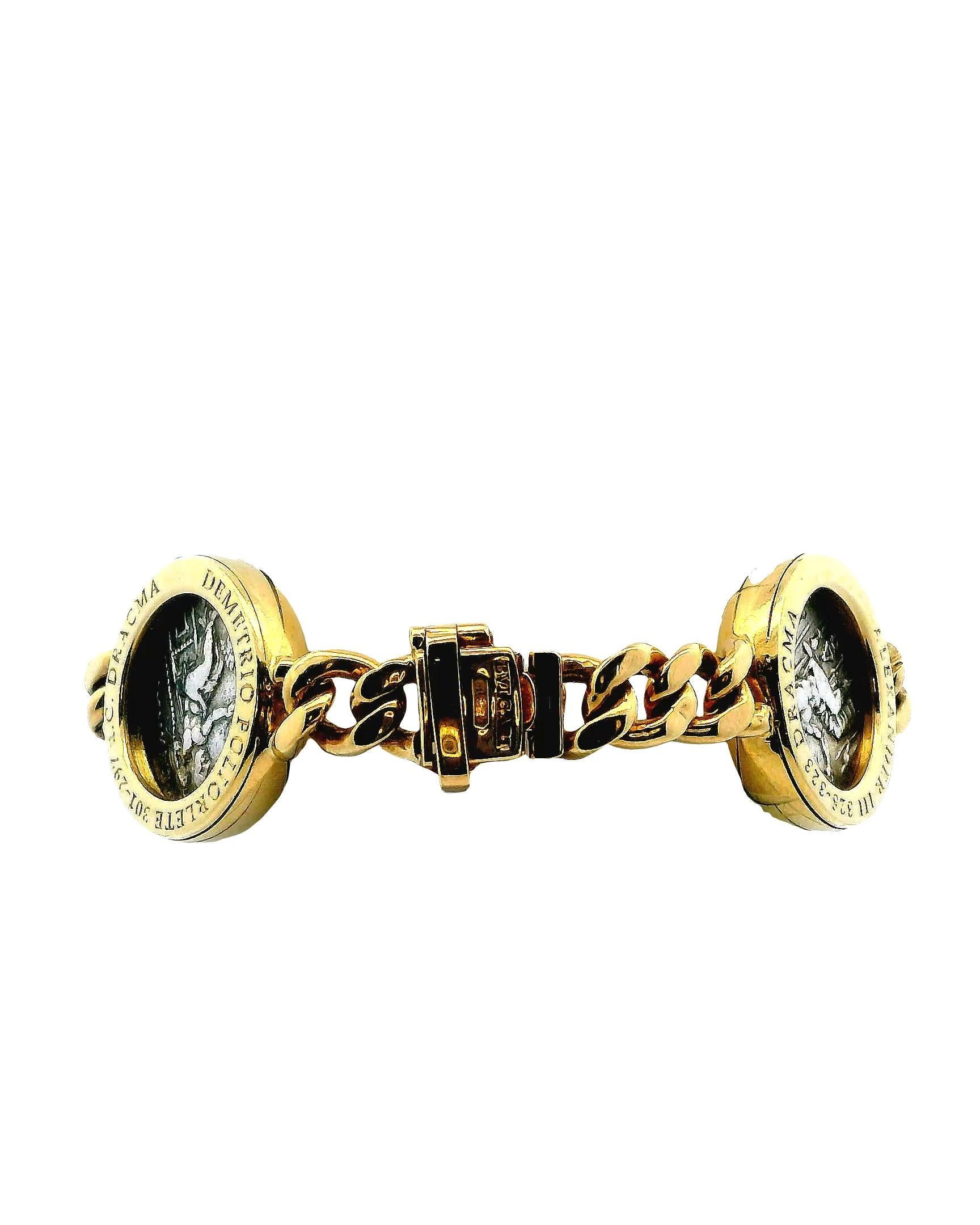 Women's Bvlgari Four Silver Coin Curb Link in 18K Yellow Gold Bracelet For Sale