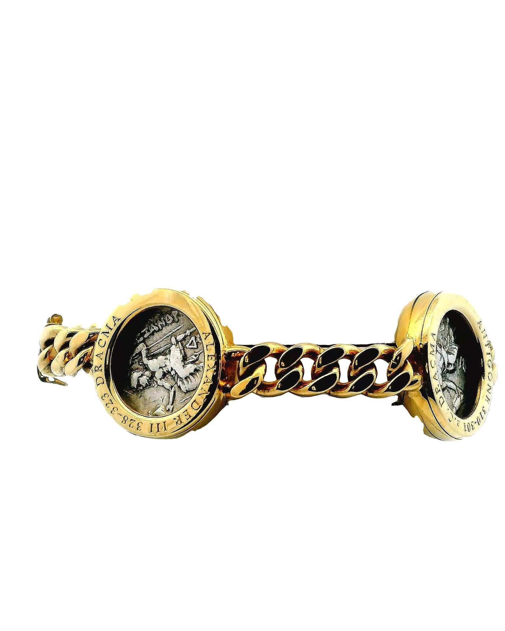 Bvlgari Four Silver Coin Curb Link in 18K Yellow Gold Bracelet For Sale 1