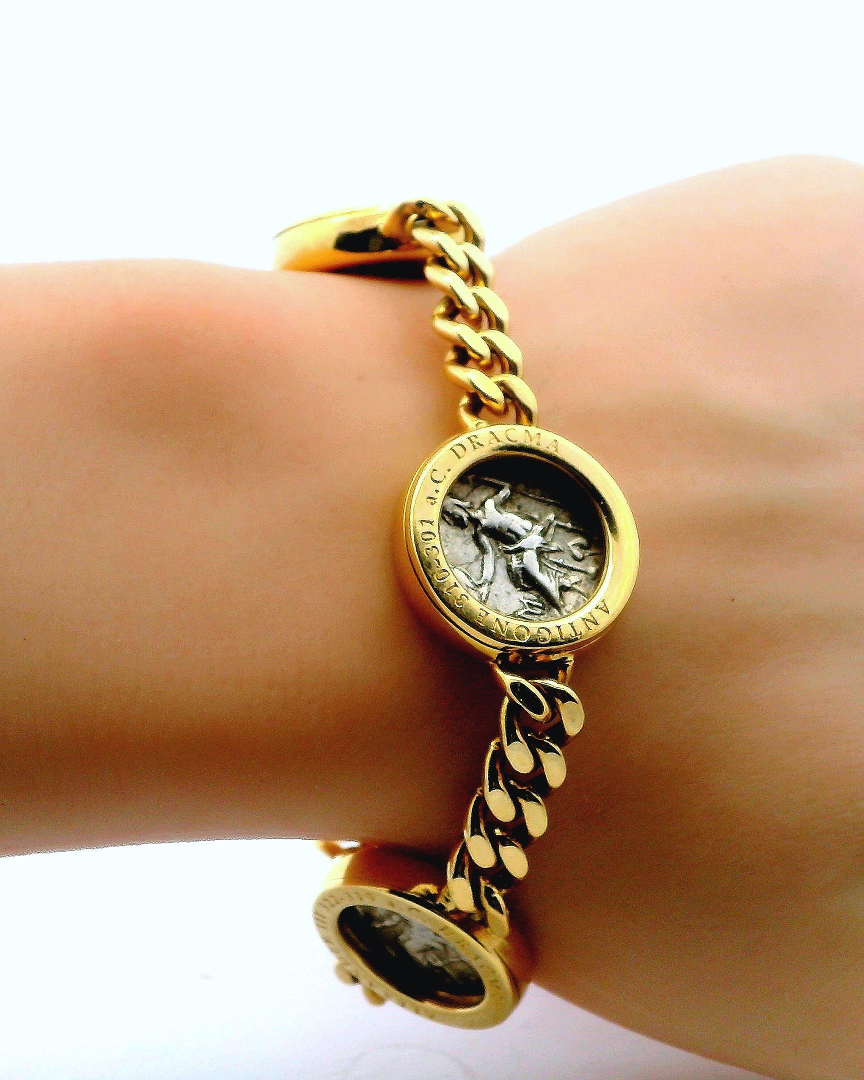 Bvlgari Four Silver Coin Curb Link in 18K Yellow Gold Bracelet For Sale 2