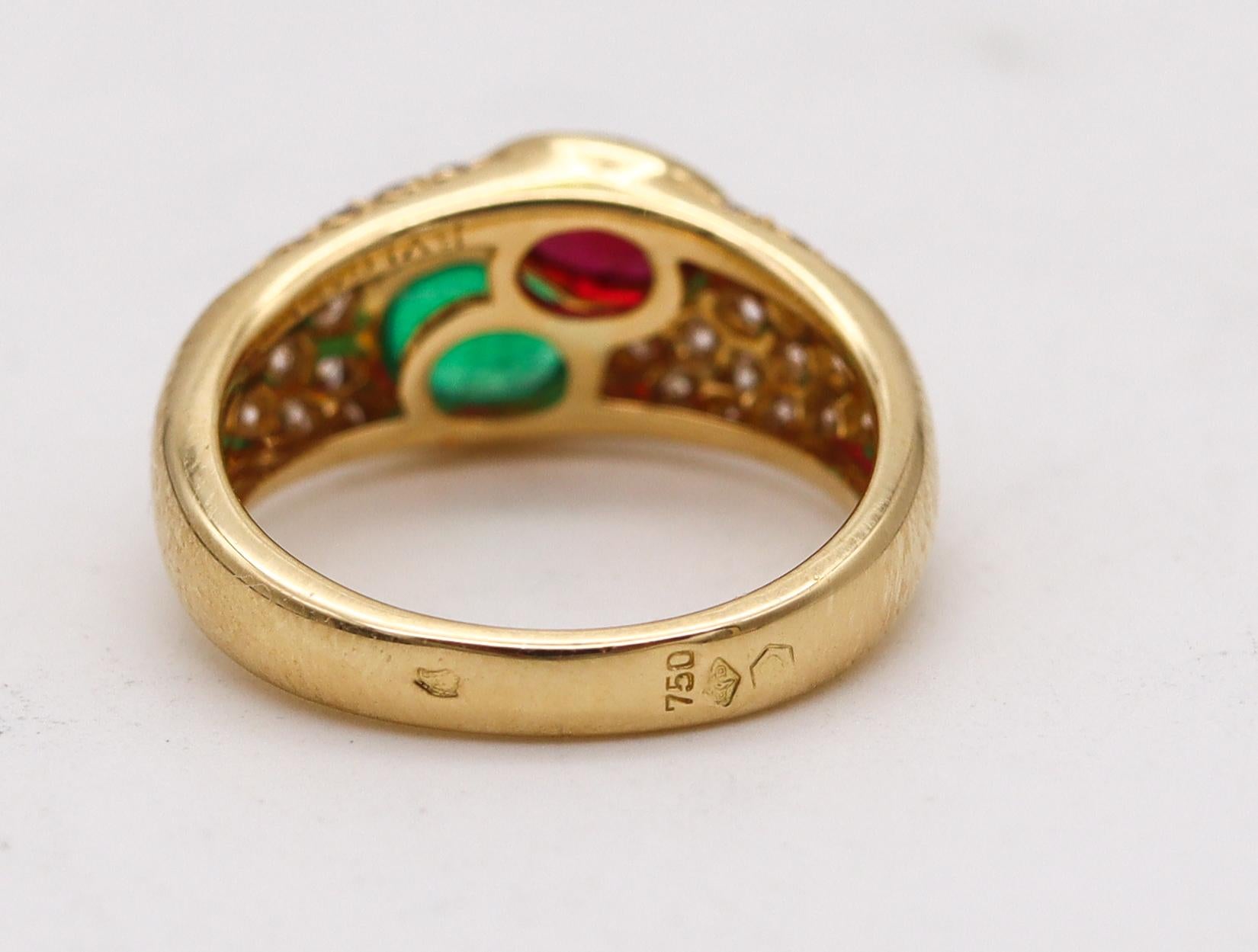 Modernist Bvlgari France Doppio Ring in 18kt Gold with 2.74 Ctw in Diamonds Emerald & Ruby For Sale