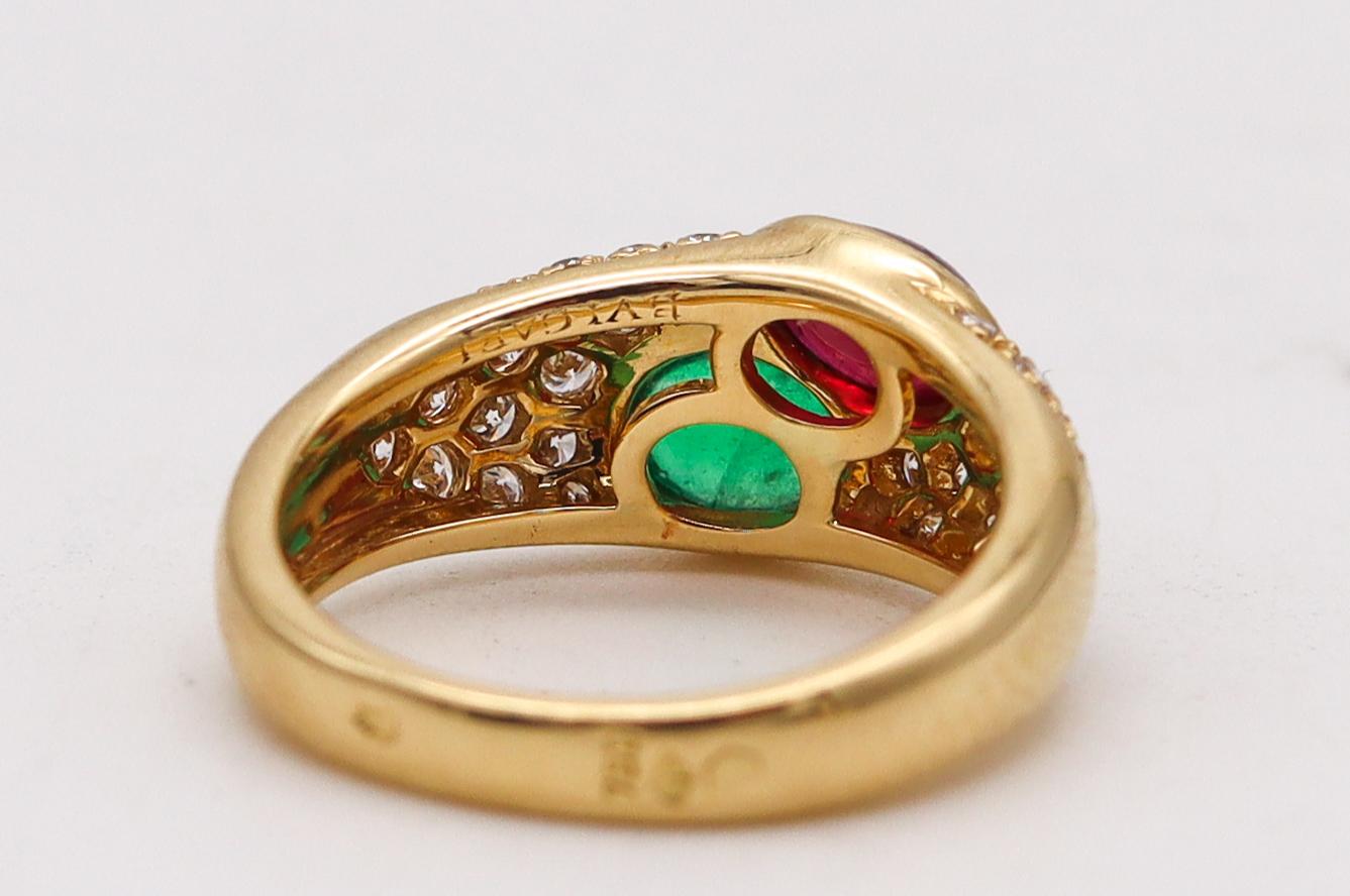Brilliant Cut Bvlgari France Doppio Ring in 18kt Gold with 2.74 Ctw in Diamonds Emerald & Ruby For Sale