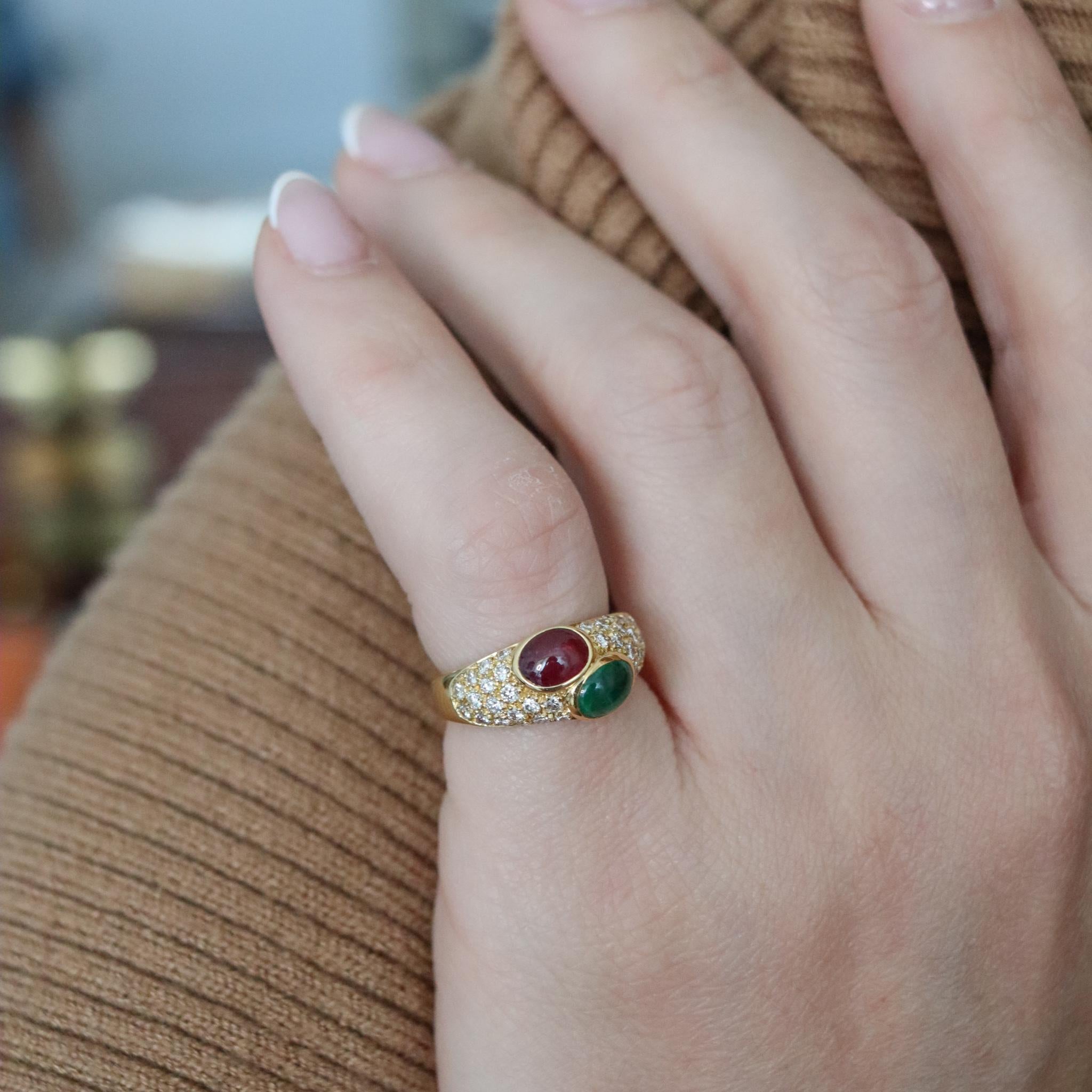Bvlgari France Doppio Ring in 18kt Gold with 2.74 Ctw in Diamonds Emerald & Ruby For Sale 1