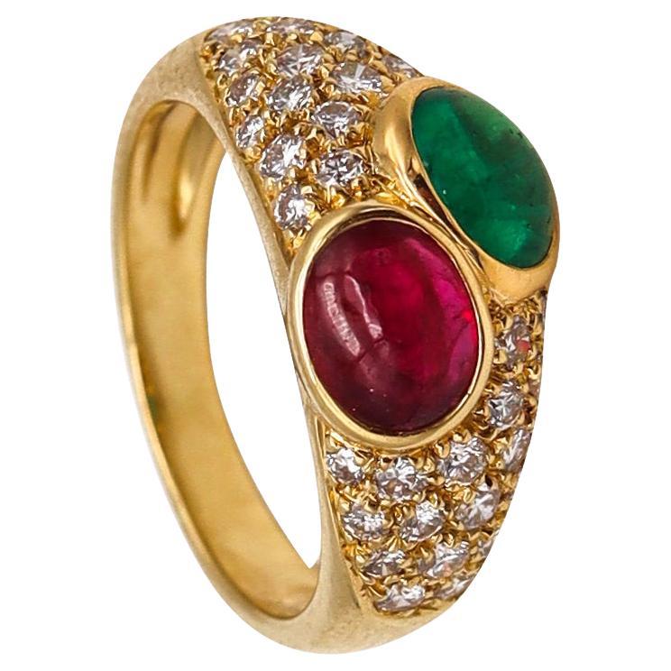 Bvlgari France Doppio Ring in 18kt Gold with 2.74 Ctw in Diamonds Emerald & Ruby For Sale