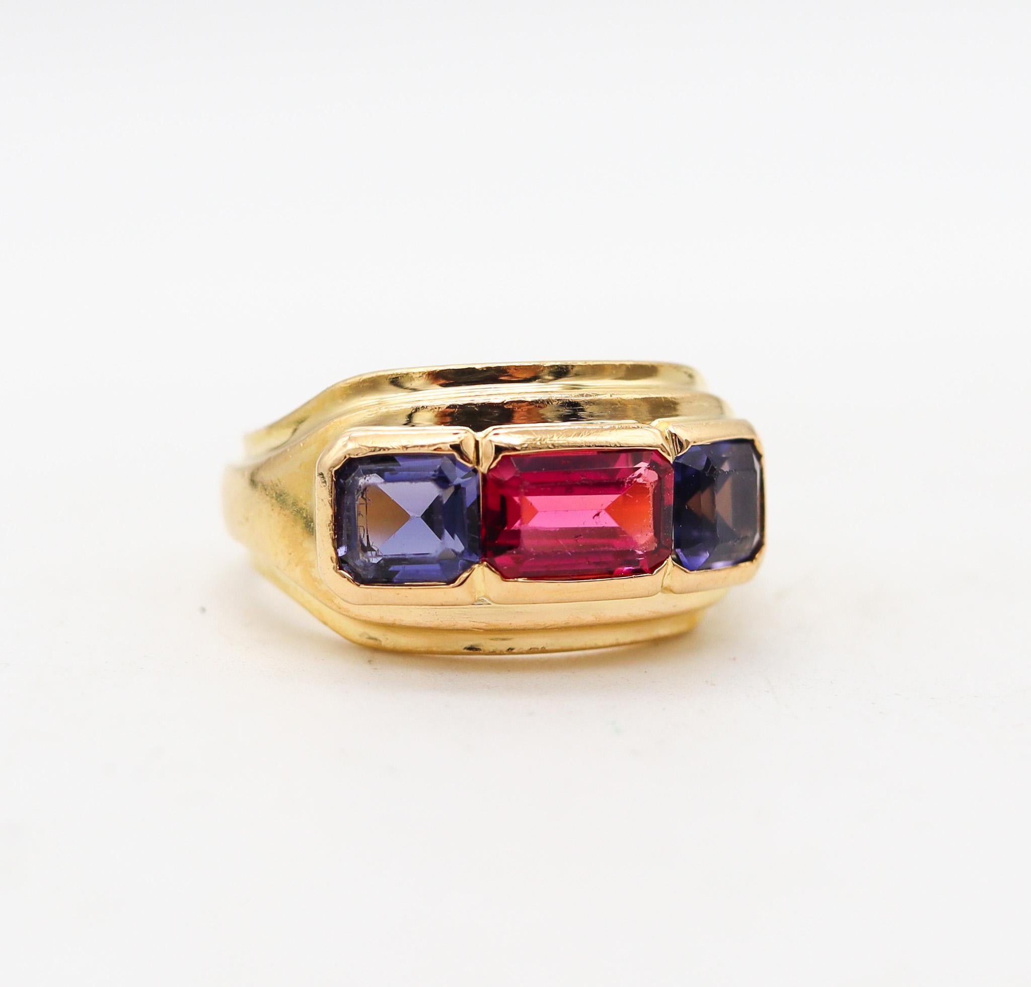 Modernist Bvlgari France Three Gems Ring In 18Kt Gold With 2.18 Ctw In Tourmaline & Iolite For Sale