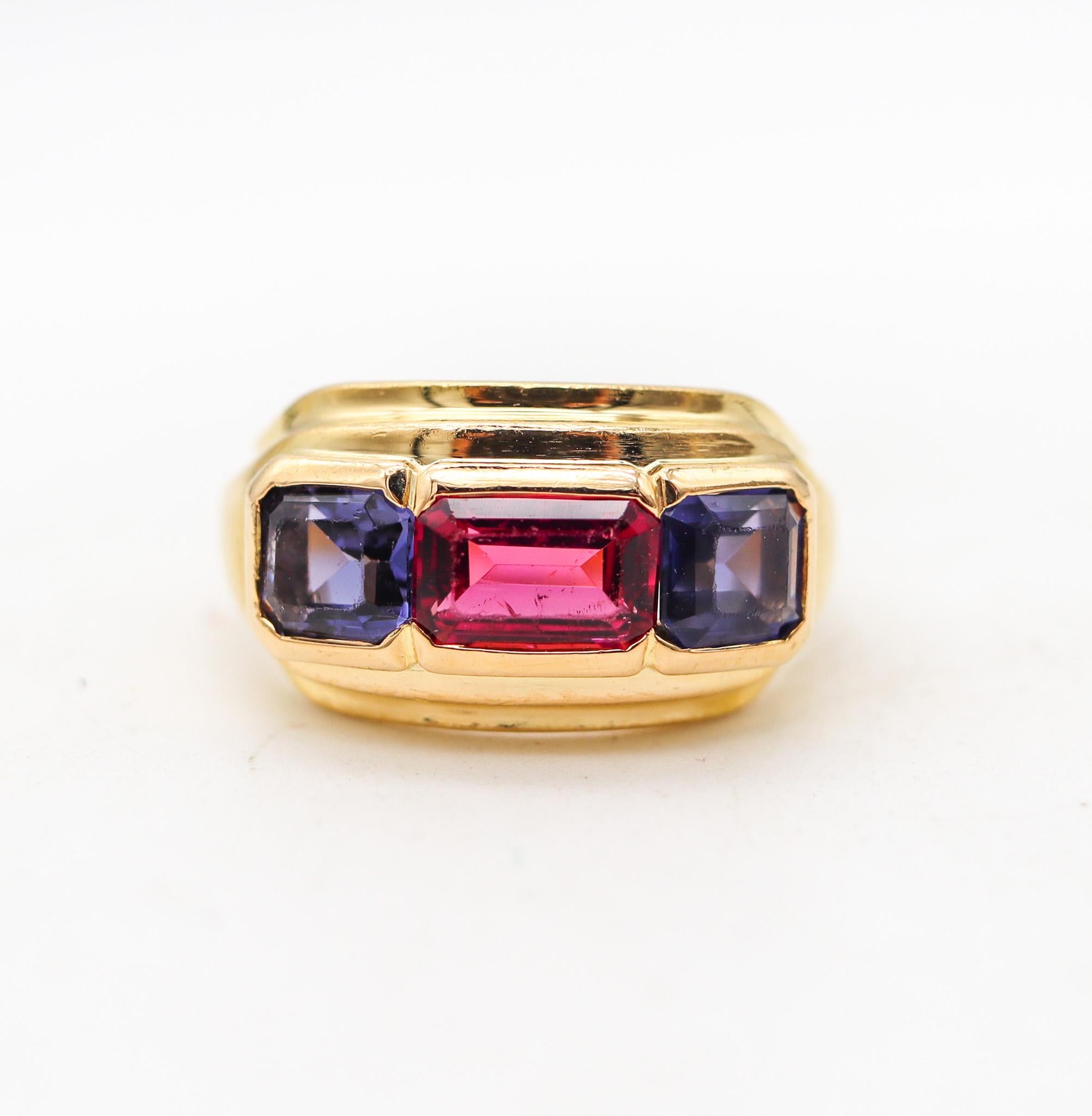 Emerald Cut Bvlgari France Three Gems Ring In 18Kt Gold With 2.18 Ctw In Tourmaline & Iolite For Sale