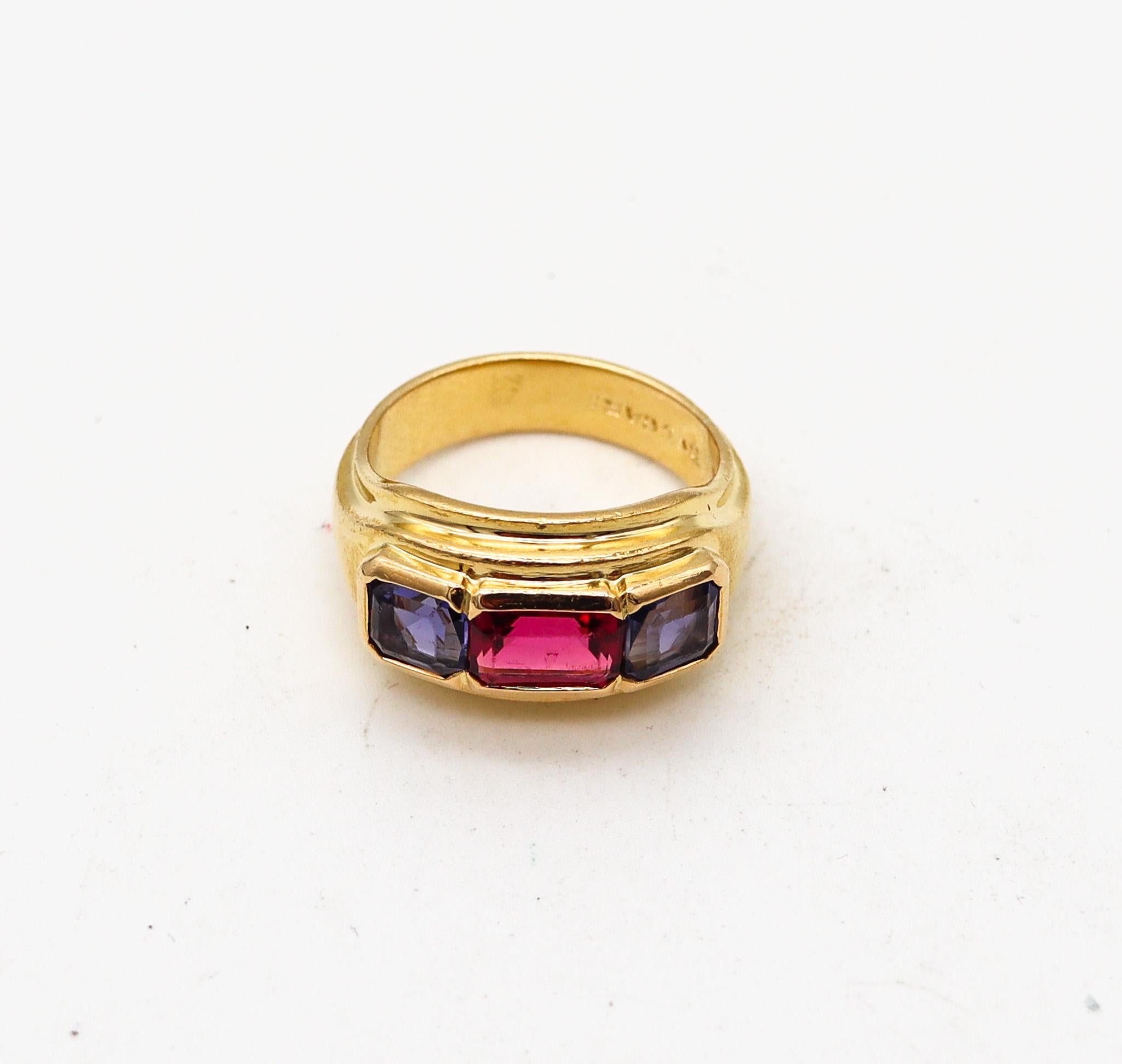 Bvlgari France Three Gems Ring In 18Kt Gold With 2.18 Ctw In Tourmaline & Iolite In Excellent Condition For Sale In Miami, FL