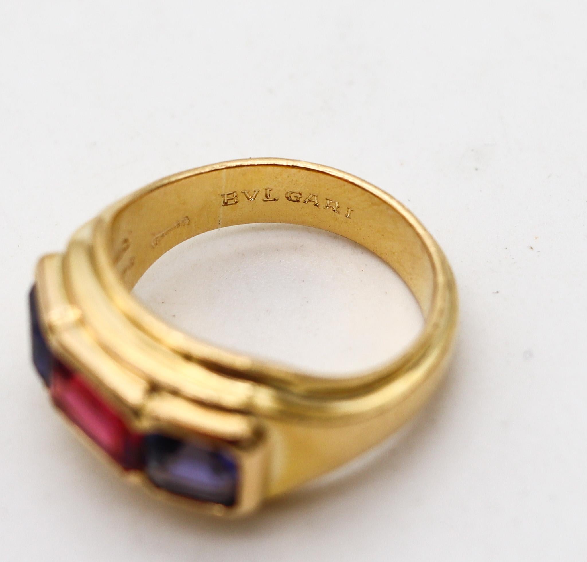 Women's or Men's Bvlgari France Three Gems Ring In 18Kt Gold With 2.18 Ctw In Tourmaline & Iolite For Sale
