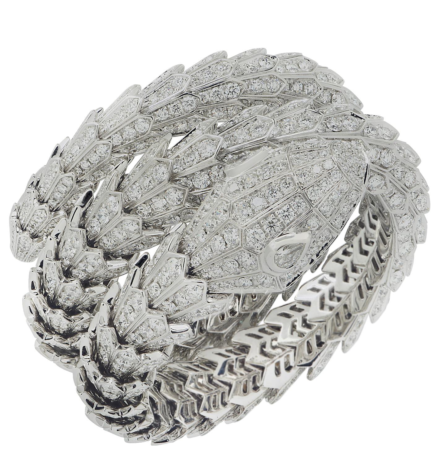 Round Cut Bvlgari Full Pave Diamond Triple Wrap Serpenti Bracelet  For Sale