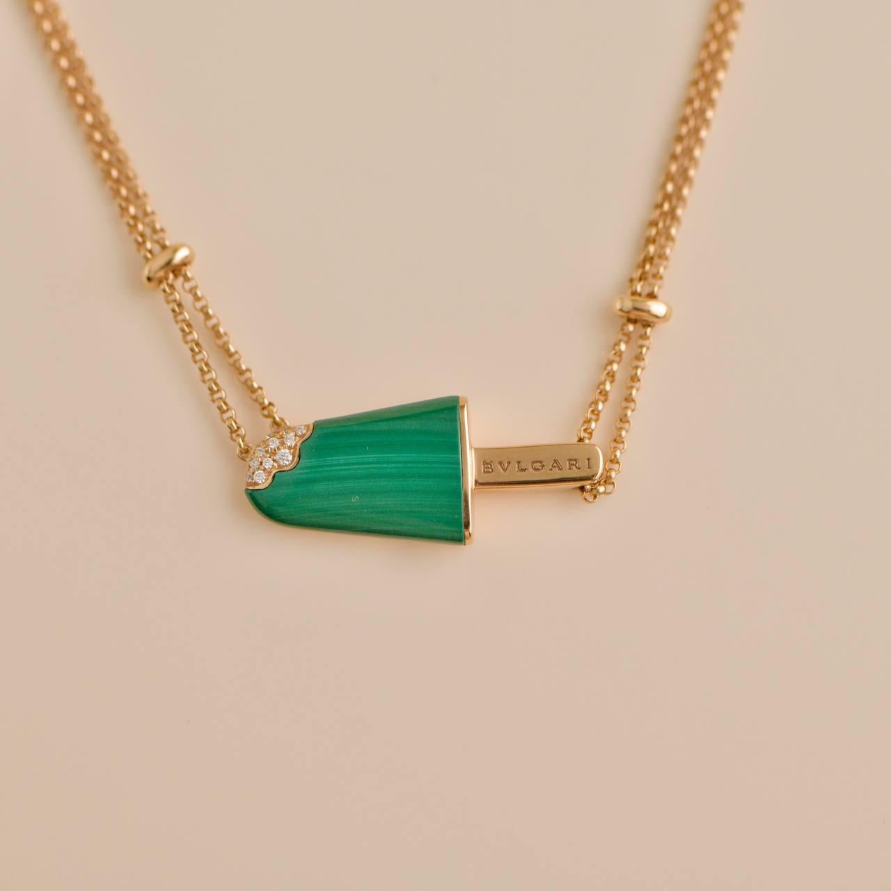 Women's or Men's Bvlgari Gelati Malachite Diamond 18k Rose Gold Pendant Necklace