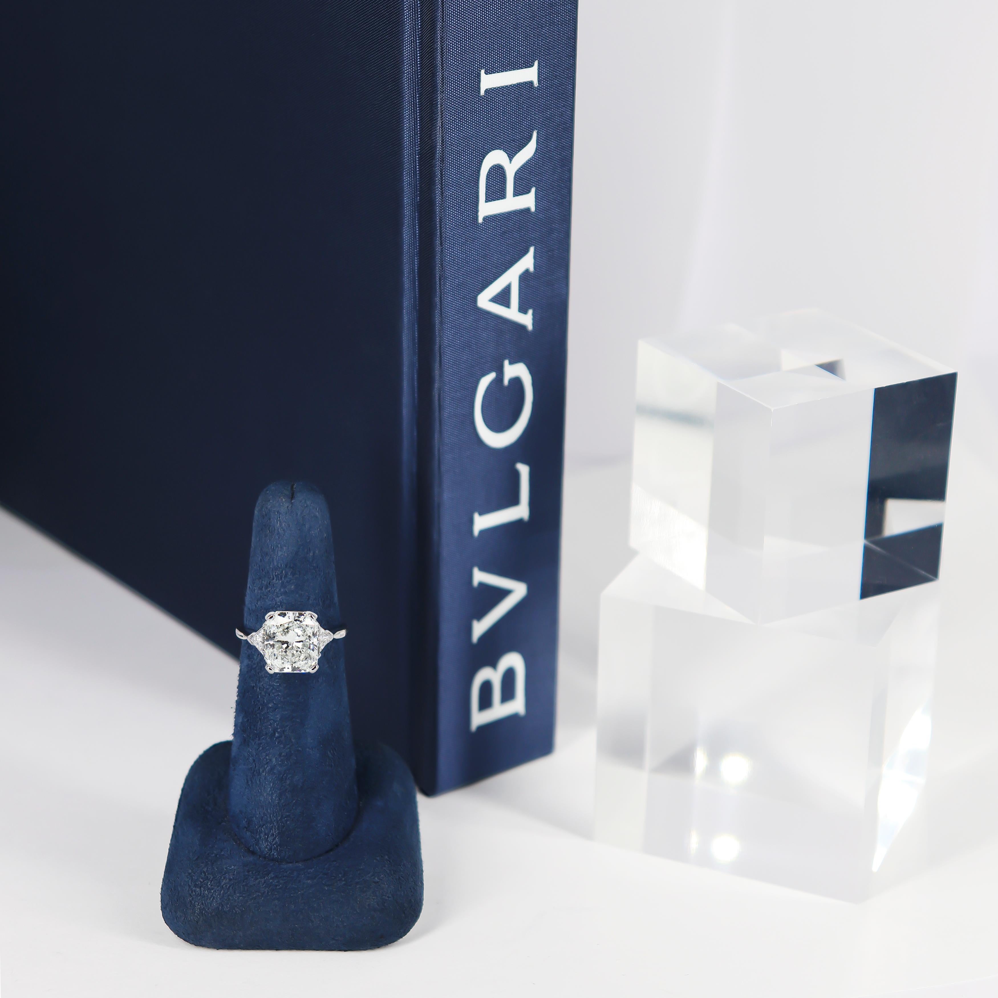 BVLGARI GIA Certified 4.03 Carat H SI1 Radiant Cut Diamond Three-Stone Ring 1