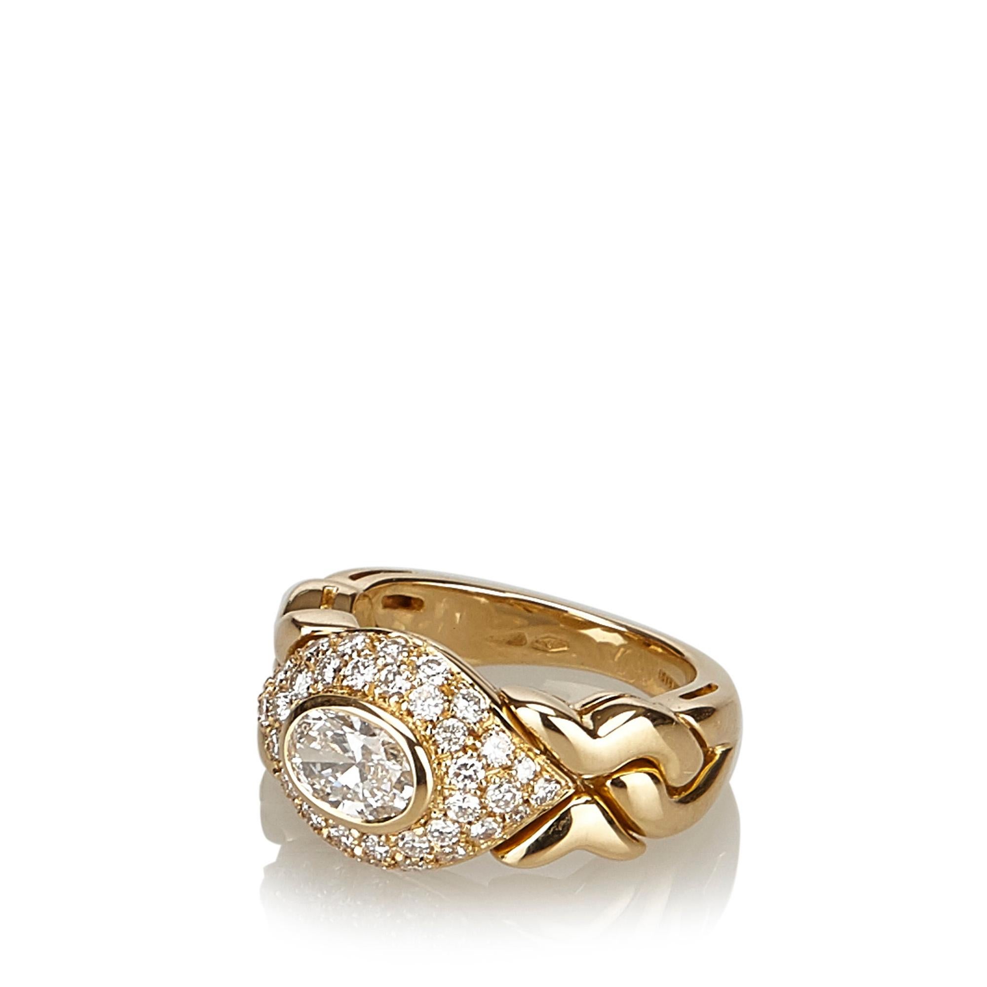 This ring features a 18K yellow gold hardware and a 0.5 carat oval diamond at head. Weight about 9.7 g. It carries as AB condition rating.

Inclusions: 
Box

Dimensions:
Length: 8.50 cm
Width: 0.30 cm
Depth: 0.80 cm
Hand Drop: 0.80 cm
Shoulder Drop: