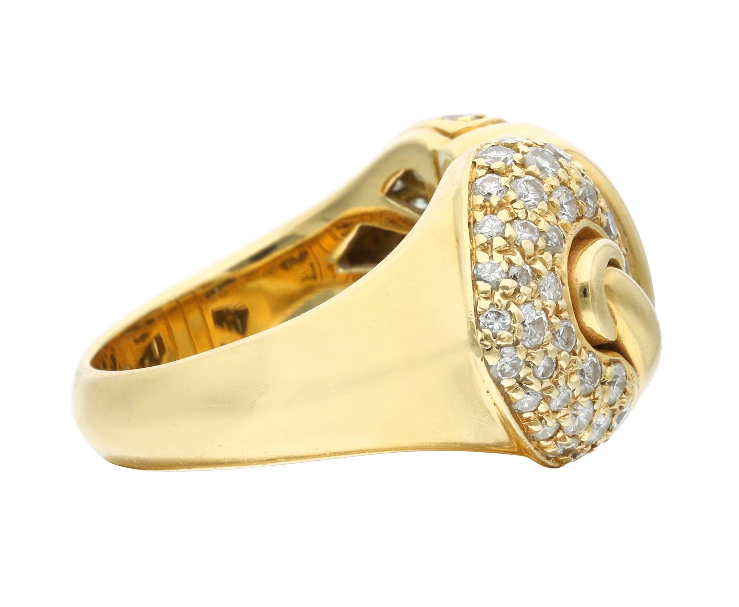 Composed of 66 round brilliant cut diamonds.

- Round brilliant cut diamonds weigh a total of approximately 1.30 carats
- Signed with Bvlgari with serial number
- 18 karat yellow gold
- Total weight 16.91 grams
- Size 7.25

The condition report is