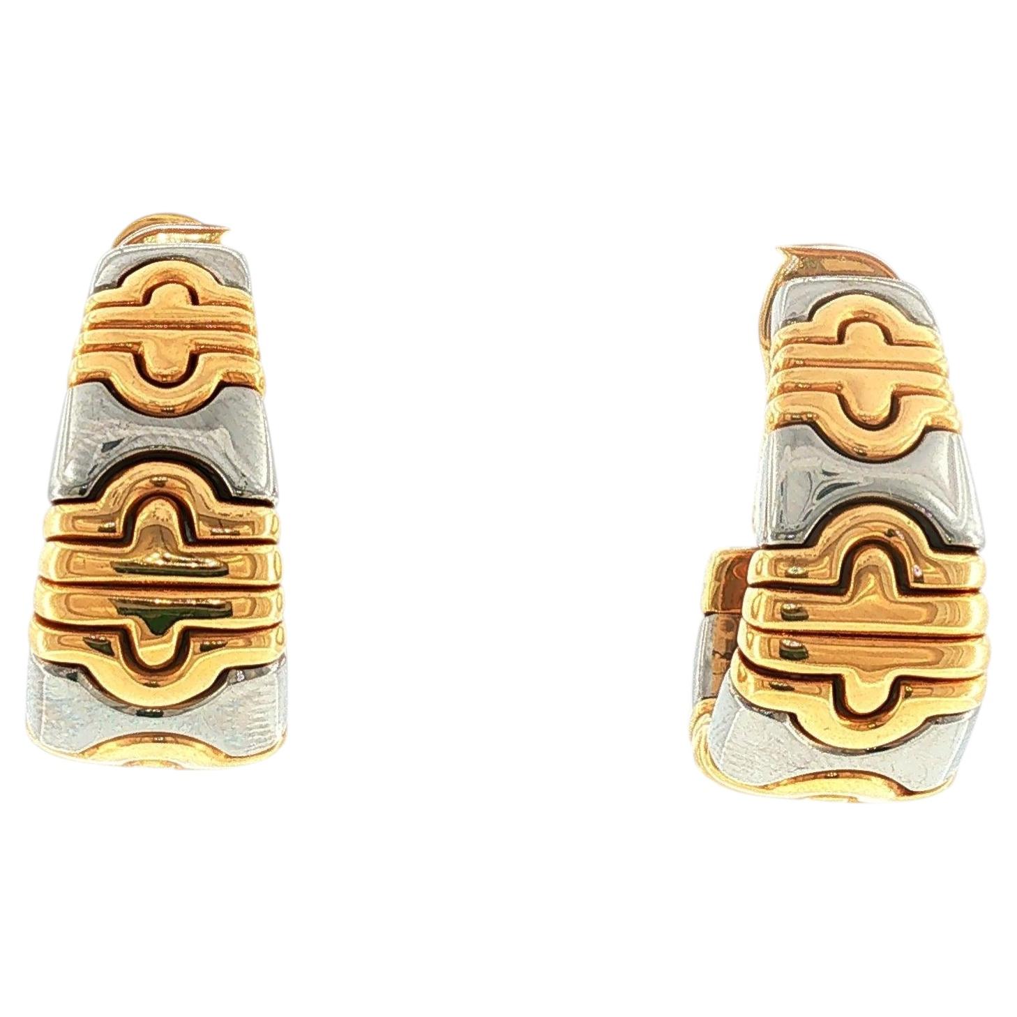 Bvlgari Halbkreisförmige, sich verjüngende Ohrringe im Parentesi-Stil aus Gold und Steele