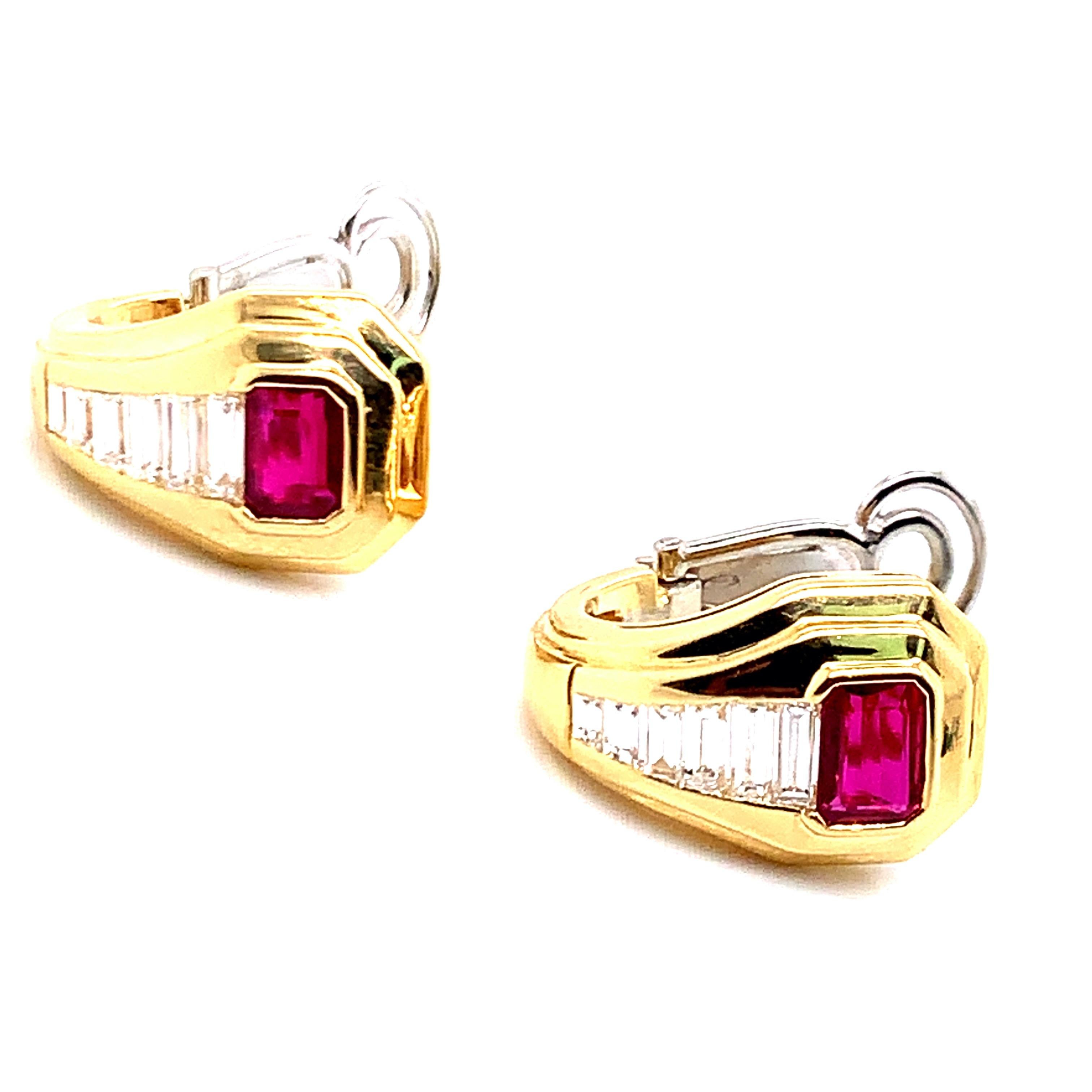 Emerald Cut Bvlgari Gold Ruby and Diamond Earrings For Sale