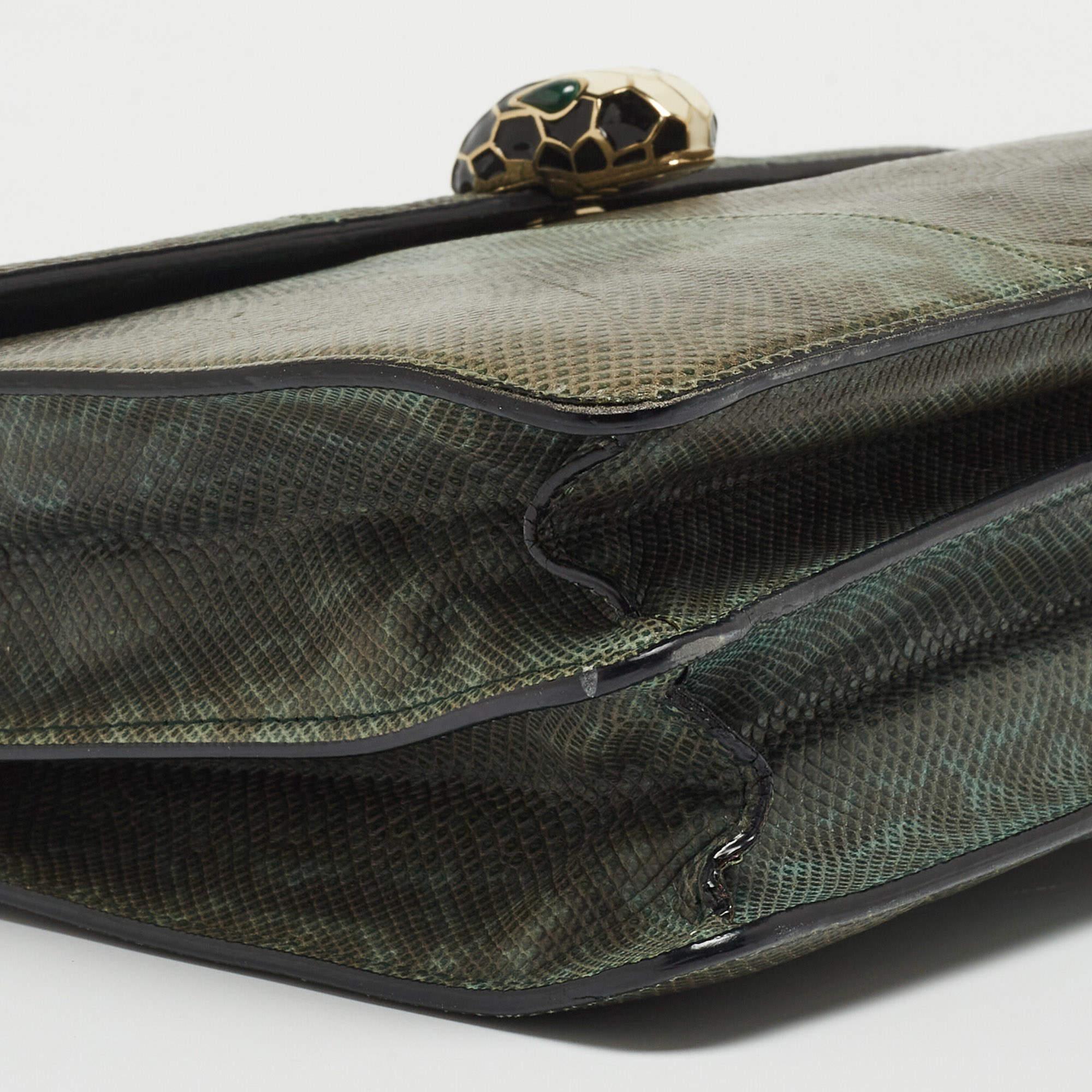 Bvlgari Green/Black Karung Large Serpenti Forever Flap Shoulder Bag For Sale 4