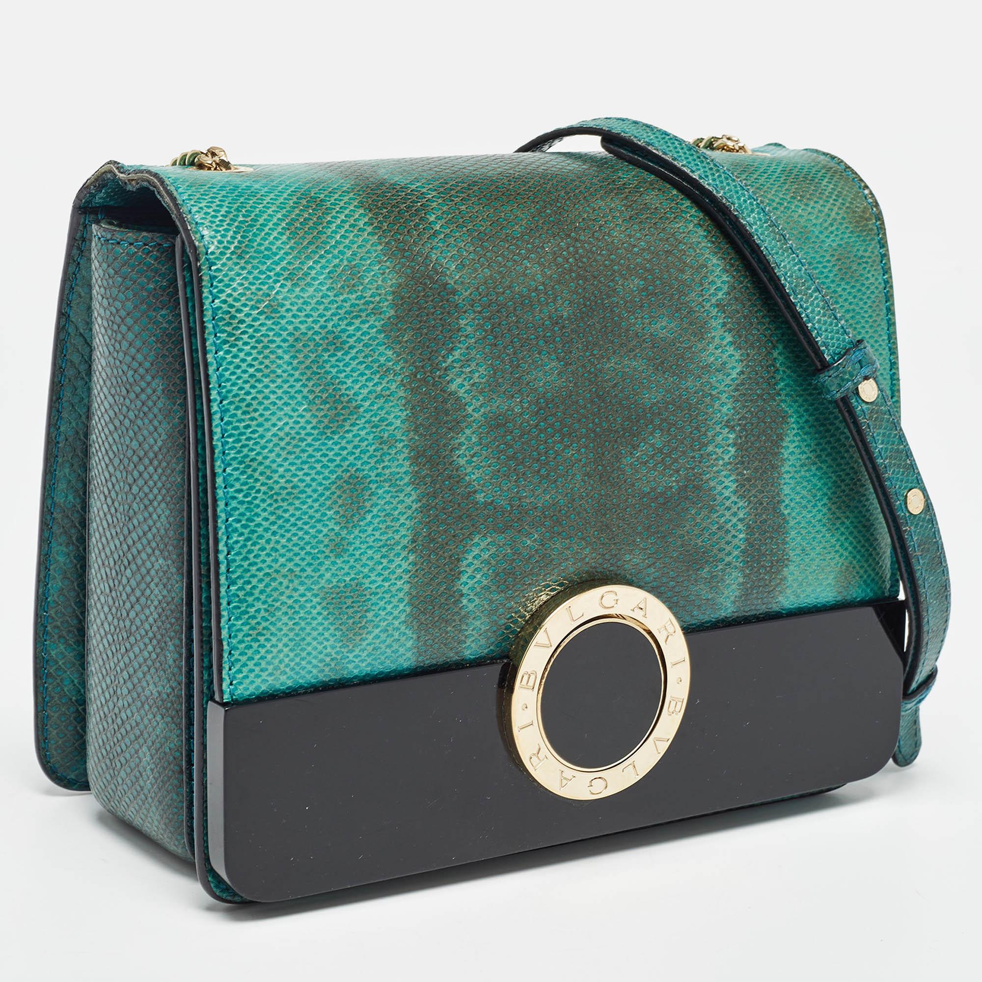 Blue Bvlgari Green/Black Karung Leather and Perspex Small Flap Cover Shoulder Bag