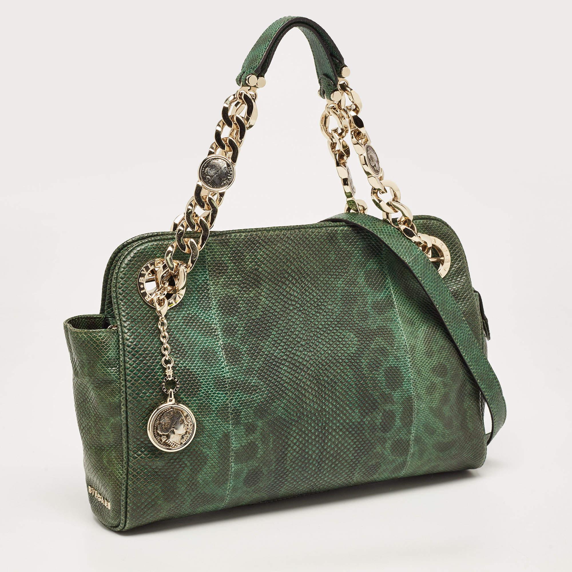 Bvlgari Green/Black Karung Leather Monete Chain Bag For Sale 2