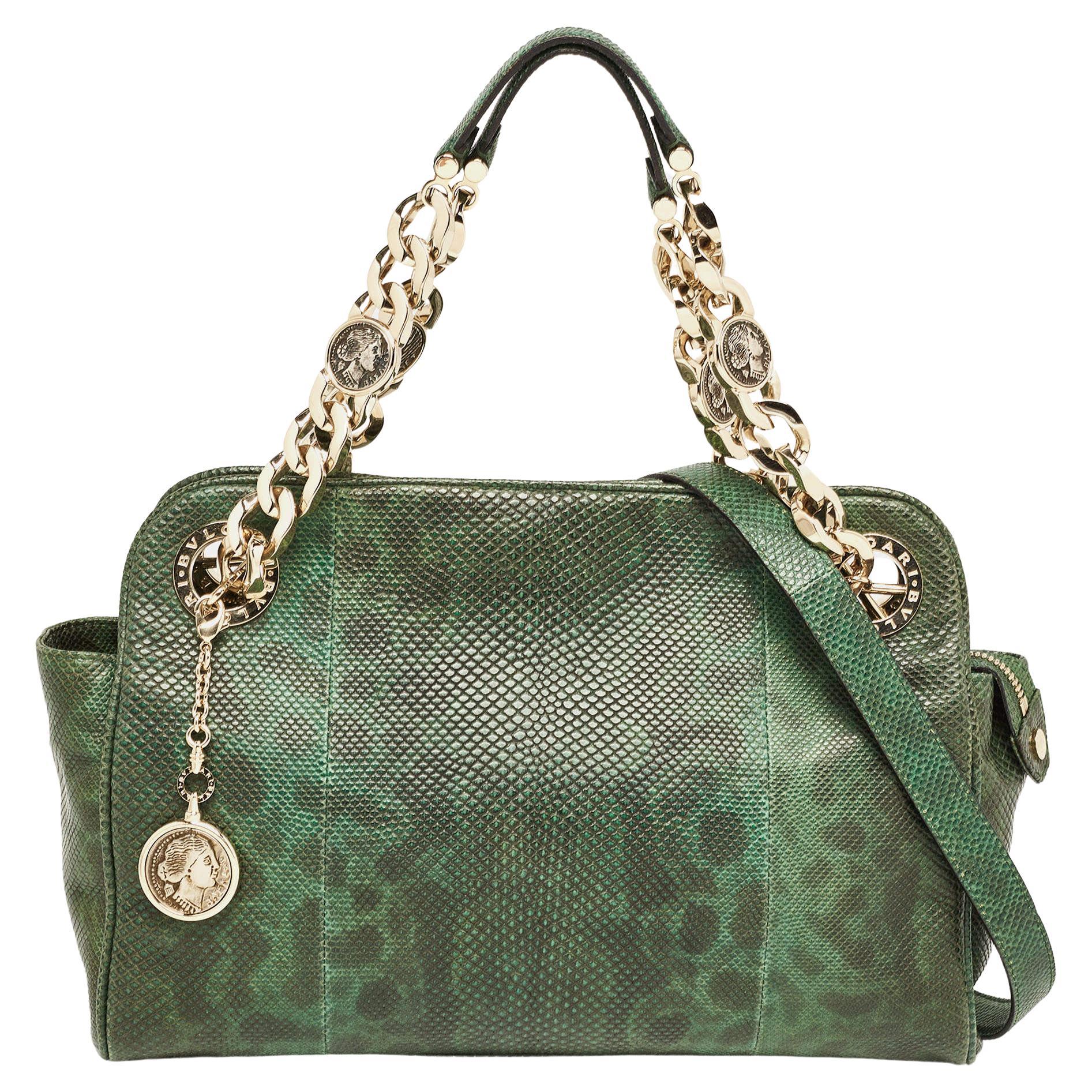 Bvlgari Green/Black Karung Leather Monete Chain Bag For Sale