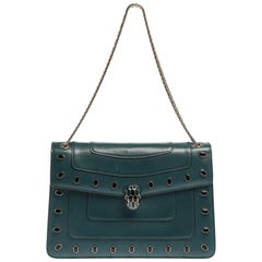 Bvlgari Green Leather Medium Studded Serpenti Forever Flap Shoulder Bag