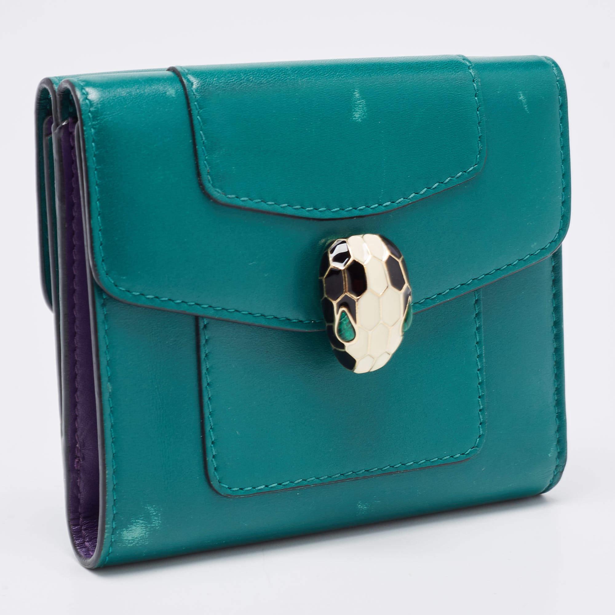Bvlgari Green Leather Serpenti Forever Trifold Wallet 1
