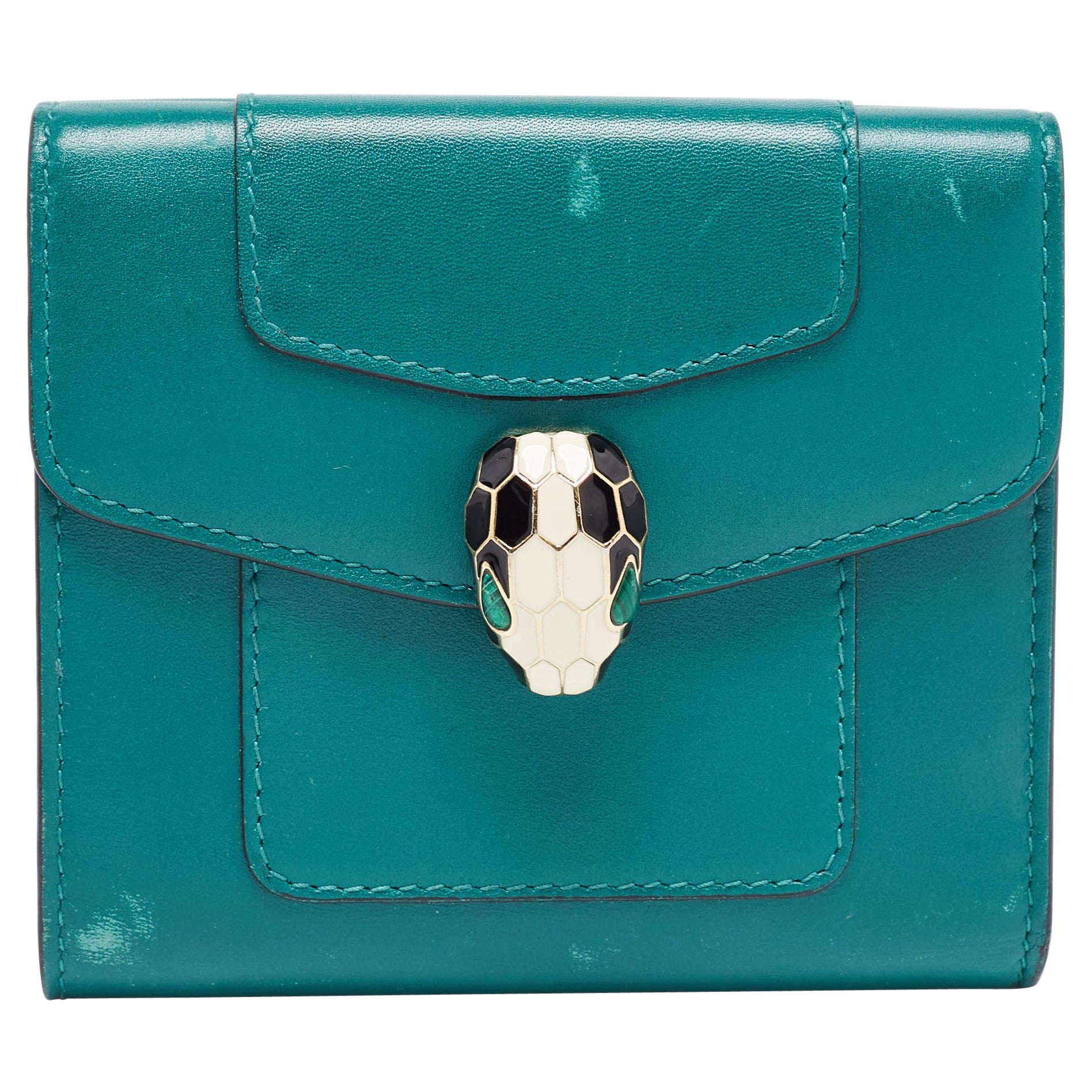 Bvlgari Green Leather Serpenti Forever Trifold Wallet
