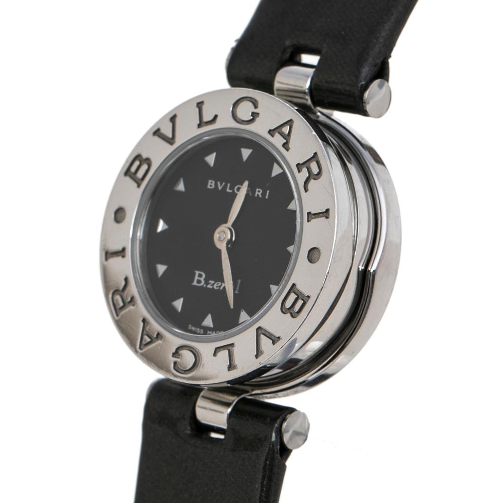 Grace your wrist with this well-crafted timepiece from Bvlgari. Swiss-made, it is held by a bracelet made from black leather. The B.Zero1 watch follows a quartz movement and has a stainless steel case with a magnificent dial laid with triangular