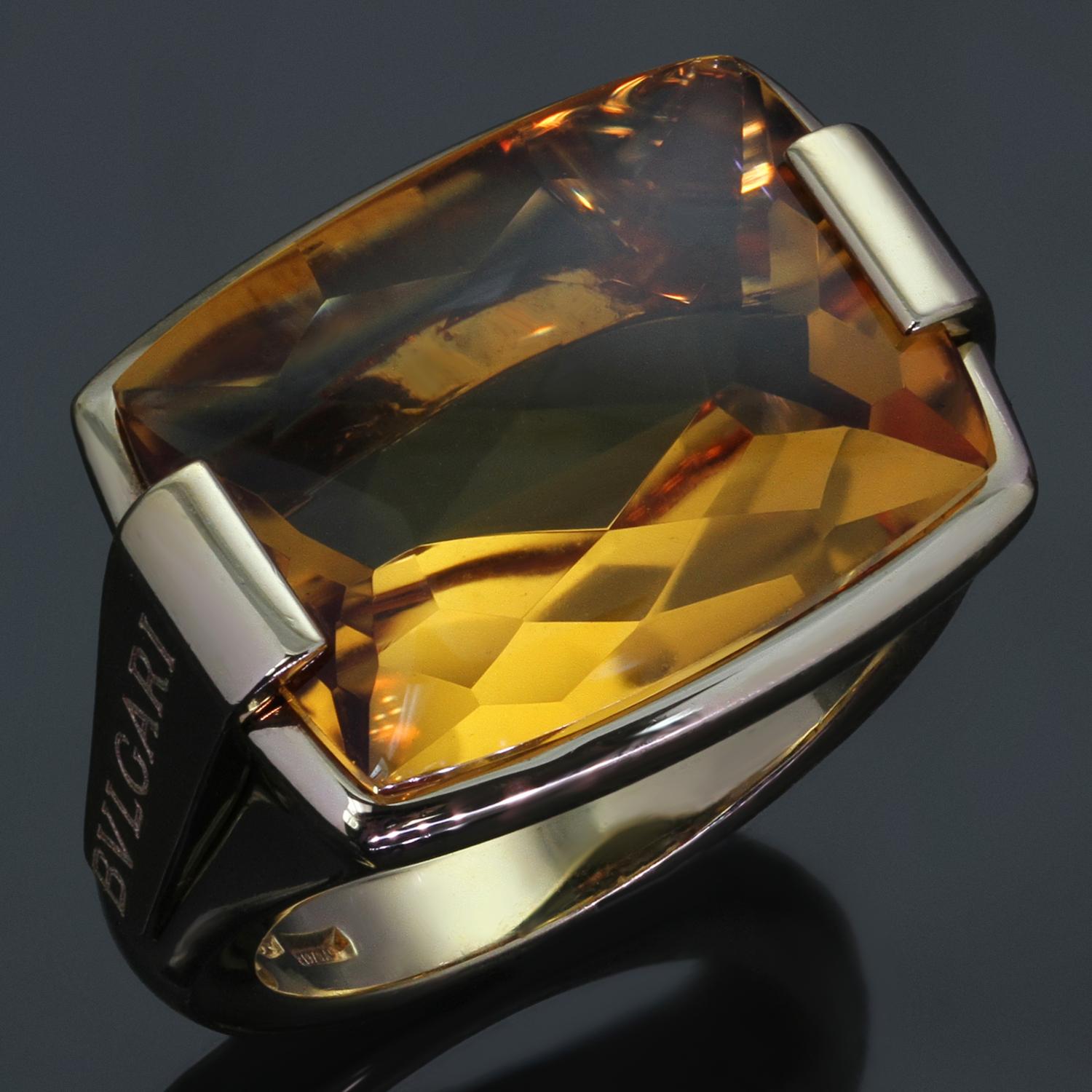 This gorgeous Bulgari ring from the chic Groovy Metropolis colletion is crafted in 18k yellow gold, inscribed with the Bvlgari logo on the sides and set with a faceted rectangular citrine. Made in Italy circa 1990s. Measurements: 0.78