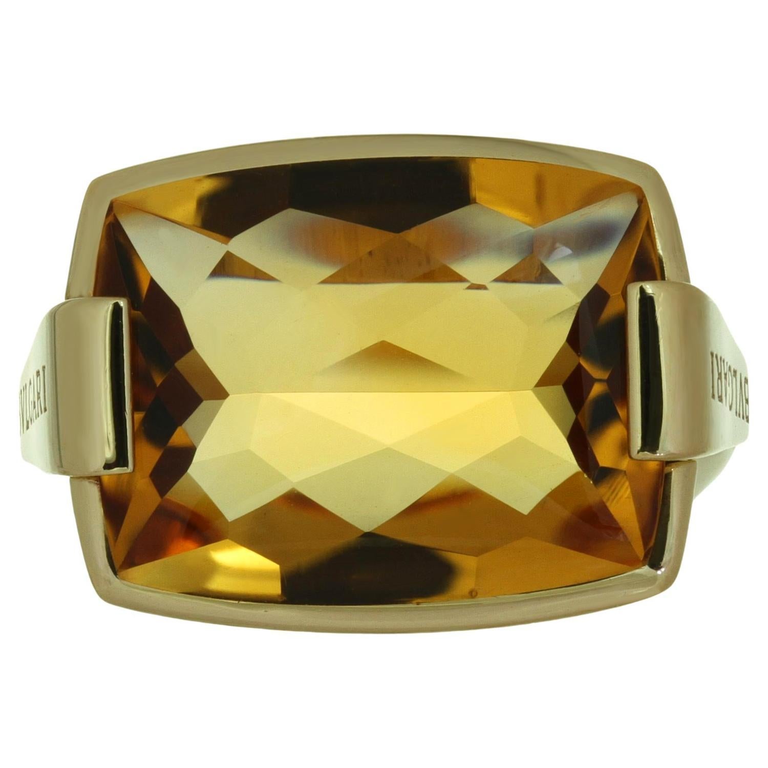 Emerald Cut BVLGARI Groovy Metropolis Citrine 18k Yellow Gold Ring  For Sale