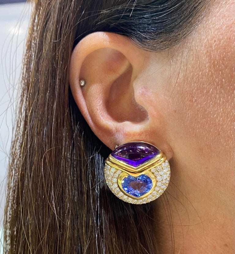 Round Cut Bvlgari Heart Shape Sapphire and Amethyst Earrings For Sale