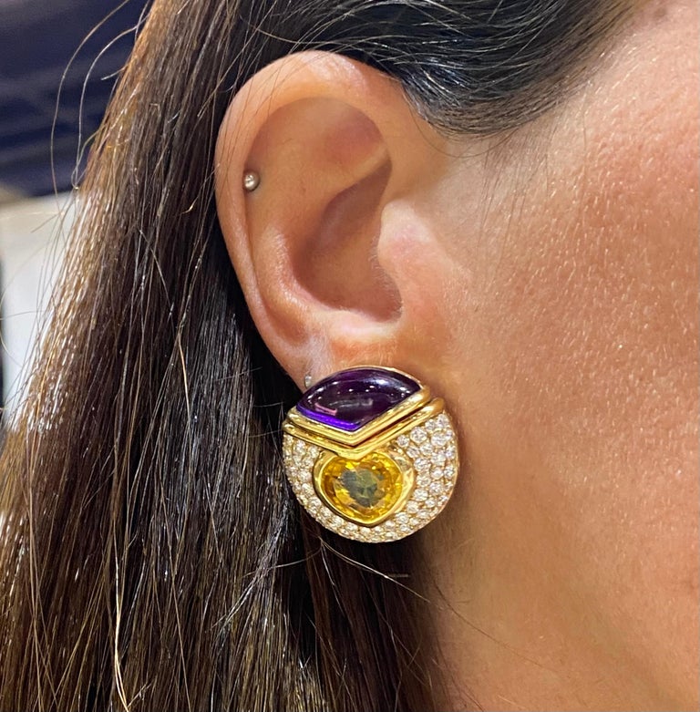 Bvlgari Heart Shape Sapphire and Amethyst Earrings In Excellent Condition For Sale In New York, NY
