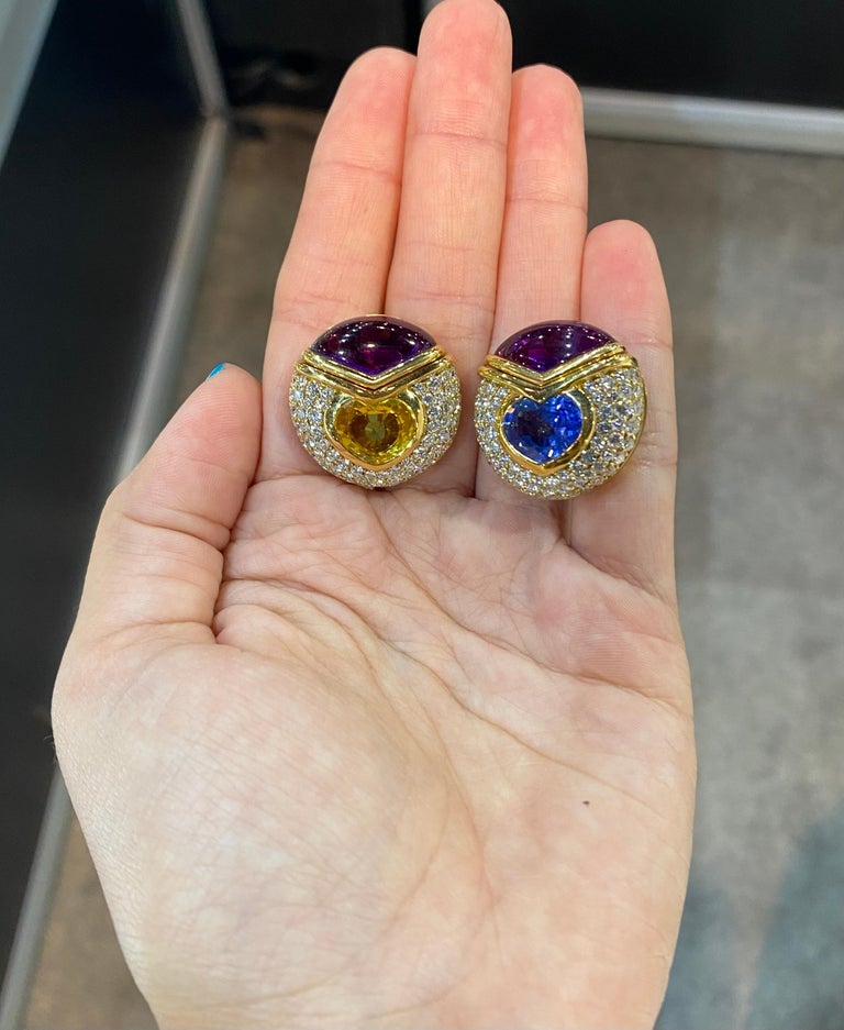 Women's Bvlgari Heart Shape Sapphire and Amethyst Earrings For Sale
