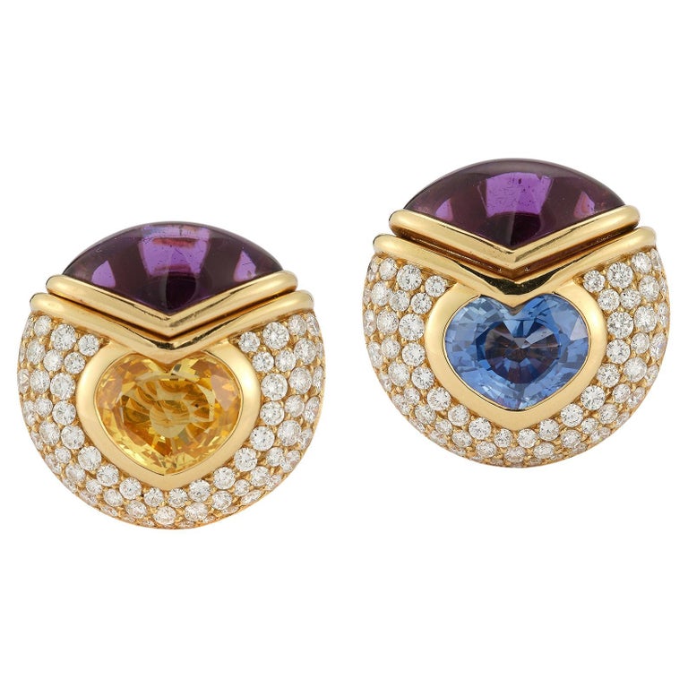 Bvlgari Heart Shape Sapphire and Amethyst Earrings For Sale