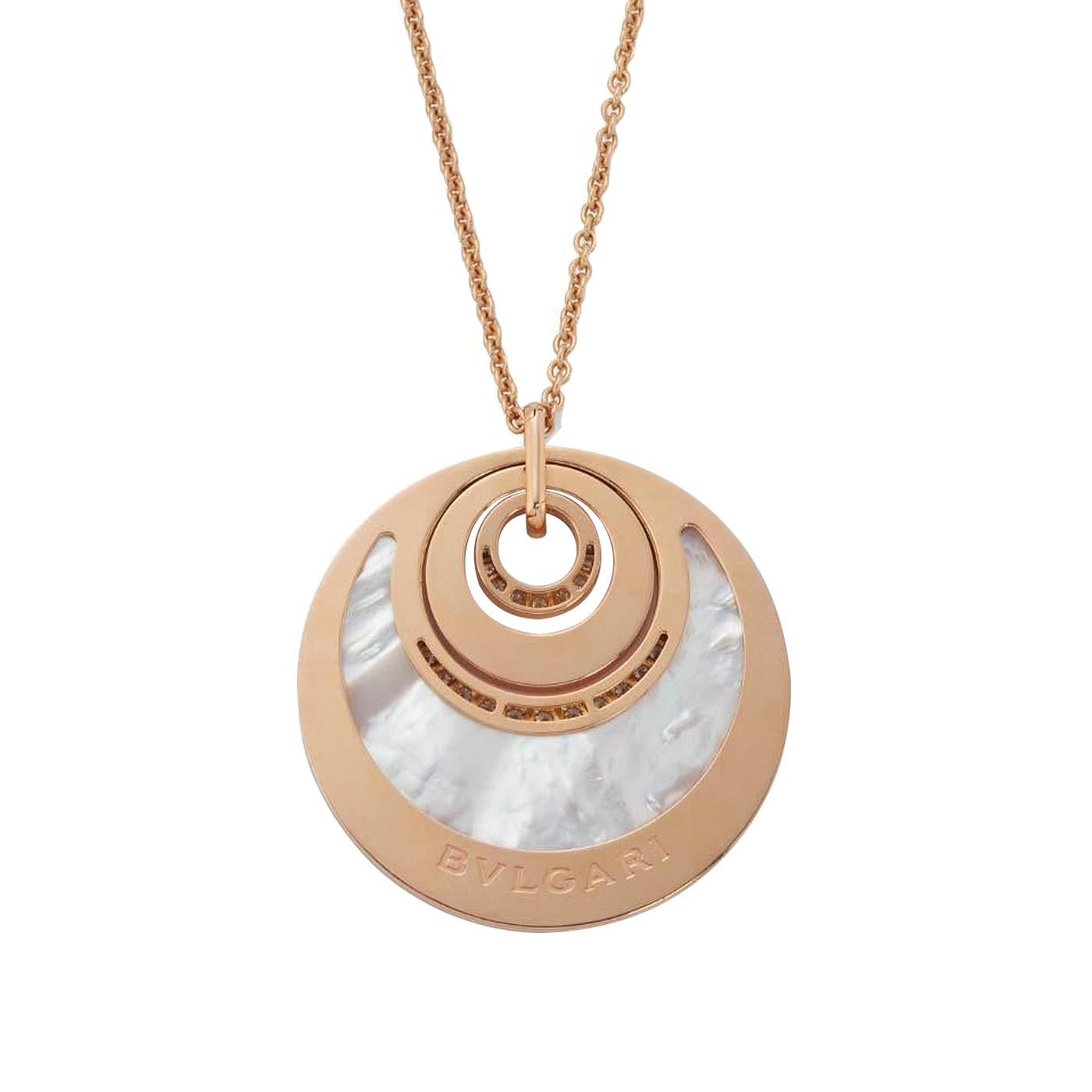 Round Cut Bvlgari Intarsio Diamond and Mother of Pearl Pendant Necklace 18k Rose Gold For Sale