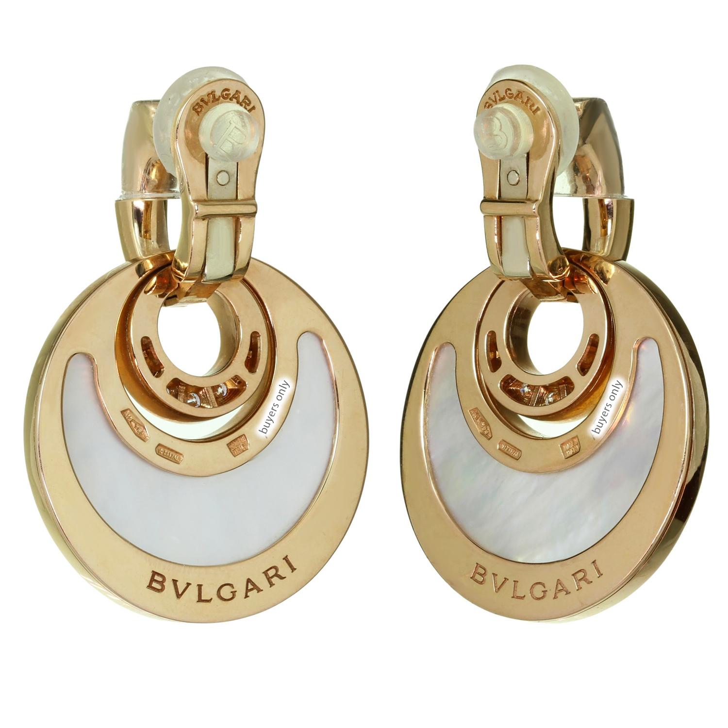 Brilliant Cut Bvlgari Intarsio Diamond Mother-Of-Pearl Rose Gold Pendant Earrings For Sale