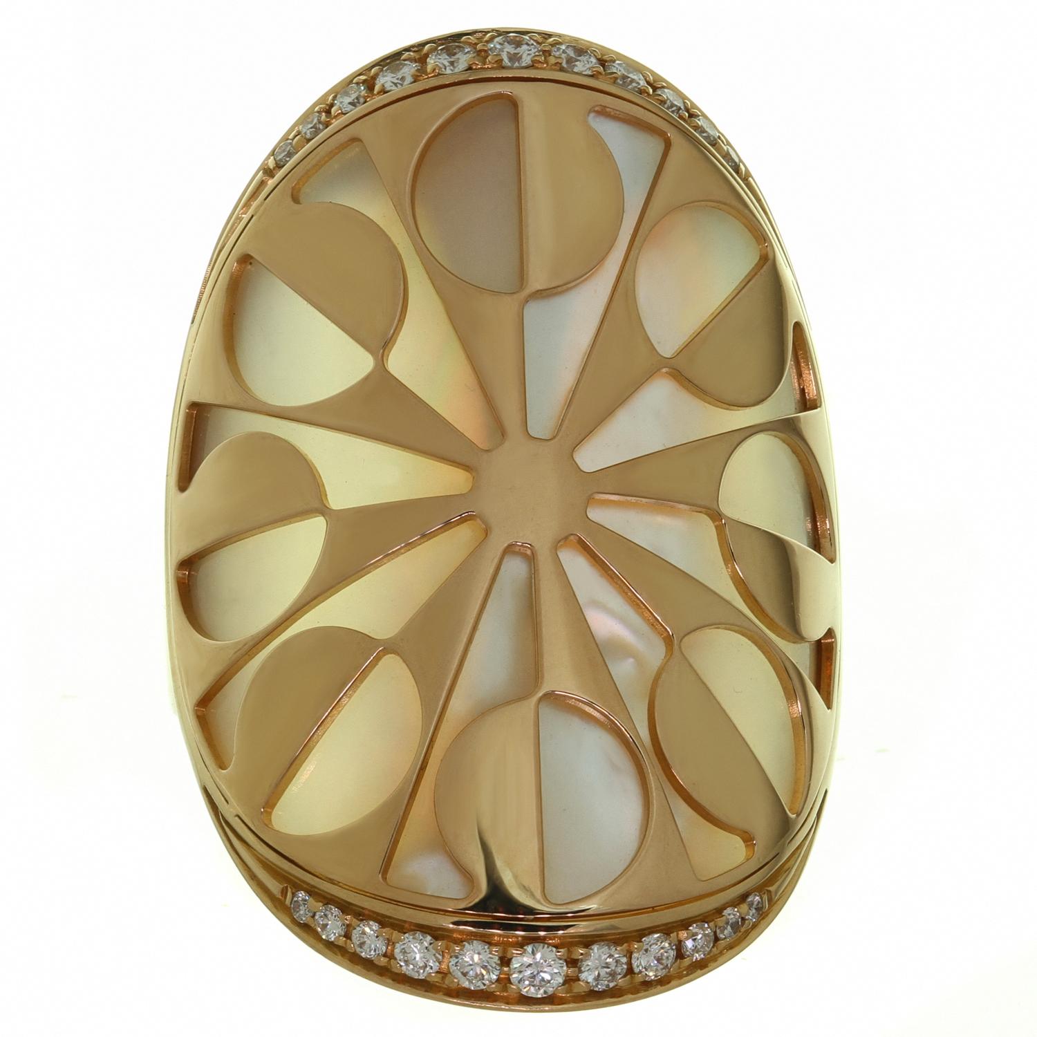 BVLGARI Intarsio Diamond Mother-of-Pearl Rose Gold Ring Size 51 In Excellent Condition For Sale In New York, NY